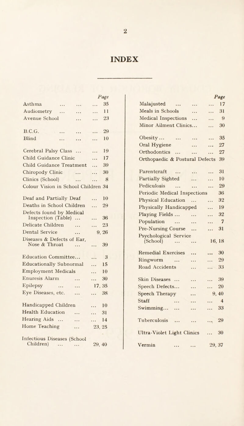 INDEX Asthma Page ... 35 Audiometry ... 11 Avenue School ... 23 B.C.G. . ... 29 Blind ... 10 Cerebral Palsy Class ... ... 19 Child Guidance Clinic ... 17 Child Guidance Treatment ... 39 Chiropody Clinic ... 30 Clinics (School) ... 8 Colour Vision in School Children 34 Deaf and Partially Deaf ... 10 Deaths in School Children ... 29 Defects found by Medical Inspection (Table) ... ... 36 Delicate Children ... 23 Dental Service 9, 26 Diseases & Defects of Ear, Nose & Throat ... 39 Education Committee... ... 3 Educationally Subnormal ... 15 Employment Medicals ... 10 Enuresis .\larm ... 30 Epilepsy 17, 35 Eye Diseases, etc. ... 38 Handicapped Children ... 10 Health Education ... 31 Hearing Aids ... ... 14 Home Teaching 23, 25 Infectious Diseases (School Children) 29, 40 Page Malajusted ... ... ... 17 Meals in Schools ... ... 31 Medical Inspections ... ... 9 Minor Ailment Clinics... ... 30 Obesity... ... ... ... 35 Oral Hygiene ... ... 27 Orthodontics ... ... ... 27 Orthopaedic & Postural Defects 39 Parentcraft ... ... ... 31 Partially Sighted ... ... 10 Pediculosis ... ... ... 29 Periodic Medical Inspections 36 Physical Education ... ... 32 Physically Handicapped ... 19 Playing Fields ... ... ... 32 Population ... ... ... 7 Pre-Nursing Course ... ... 31 Psychological Service (School) ... ... 16, 18 Remedial Exercises ... ... 30 Ringworm ... ... ... 29 Road -Accidents ... ... 33 Skin Diseases ... ... ... 39 Speech Defects... ... ... 20 Speech Therapy ... 9, 40 Staff . 4 Swimming. ... ... 33 Tuberculosis ... ... ... 29 Ultra-Violet Light Clinics ... 30 Vermin ... ... 29, 37