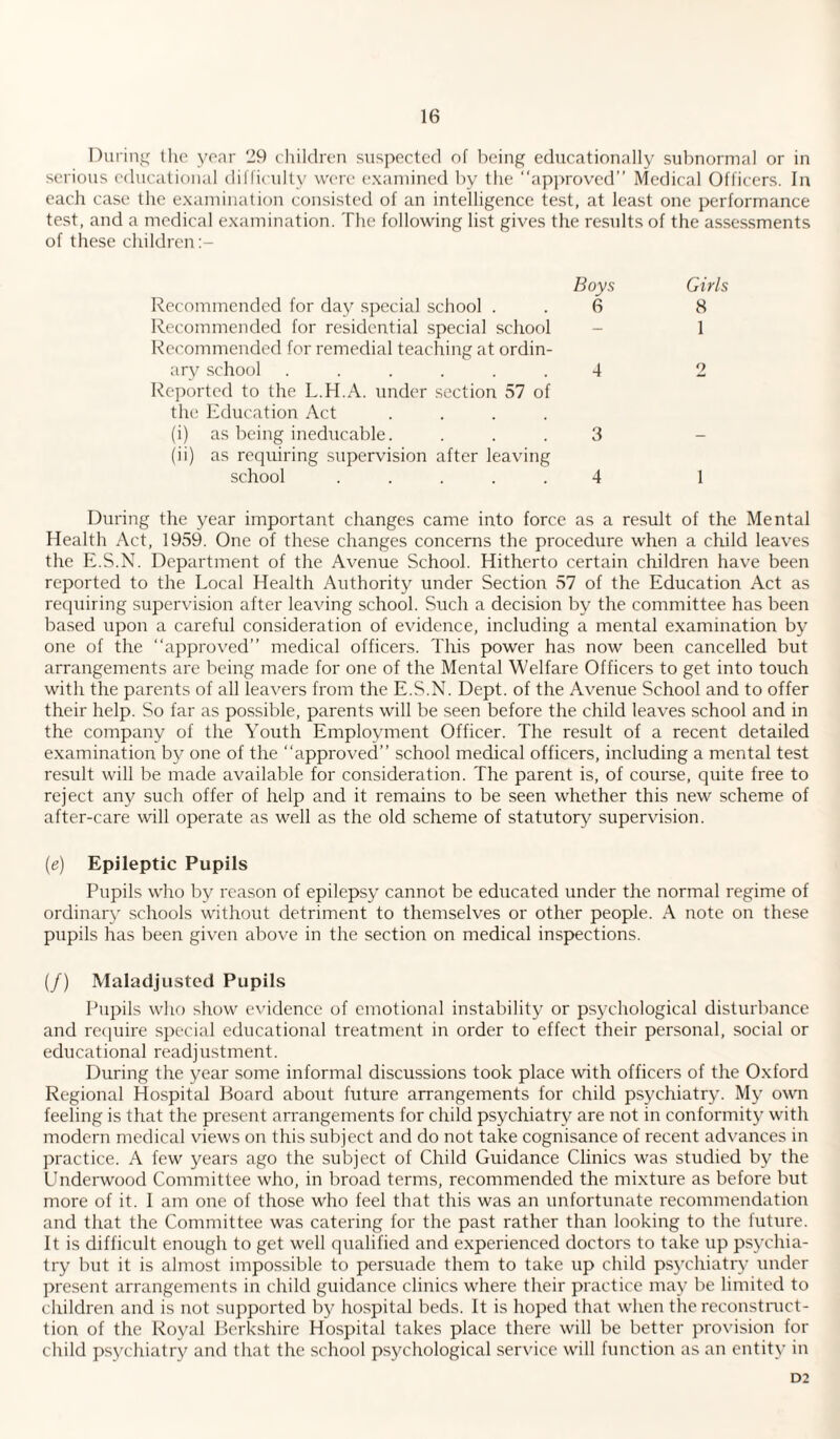 During the year 29 children suspected of being educationally subnormal or in serious educational difficulty were examined by the “approved” Medical Officers. In each case the examination consisted of an intelligence test, at least one performance test, and a medical examination. The following list gives the results of the assessments of these children Boys Recommended for day special school . . 6 Recommended for residential special school Recommended for remedial teaching at ordin¬ ary school ...... 4 Reported to the L.H.A. under section 57 of the Education Act .... (i) as being ineducable. ... 3 (ii) as requiring supervision after leaving school ..... 4 Girls 8 1 9 1 During the year important changes came into force as a result of the Mental Health Act, 1959. One of these changes concerns the procedure when a child leaves the E.S.N. Department of the Avenue School. Hitherto certain children have been reported to the Local Health Authority under Section 57 of the Education Act as requiring supervision after leaving school. Such a decision by the committee has been based upon a careful consideration of evidence, including a mental examination by one of the “approved” medical officers. This power has now been cancelled but arrangements are being made for one of the Mental Welfare Officers to get into touch with the parents of all leavers from the E.S.N. Dept, of the Avenue School and to offer their help. So far as possible, parents will be seen before the child leaves school and in the company of the Youth Employment Officer. The result of a recent detailed examination by one of the “approved” school medical officers, including a mental test result will be made available for consideration. The parent is, of course, quite free to reject any such offer of help and it remains to be seen whether this new scheme of after-care will operate as well as the old scheme of statutory supervision. (e) Epileptic Pupils Pupils who by reason of epilepsy cannot be educated under the normal regime of ordinary schools without detriment to themselves or other people. A note on these pupils has been given above in the section on medical inspections. (/) Maladjusted Pupils Pupils who show evidence of emotional instability or psychological disturbance and require special educational treatment in order to effect their personal, social or educational readjustment. During the year some informal discussions took place with officers of the Oxford Regional Hospital Board about future arrangements for child psychiatry. My own feeling is that the present arrangements for child psychiatry are not in conformity with modern medical views on this subject and do not take cognisance of recent advances in practice. A few years ago the subject of Child Guidance Clinics was studied by the Underwood Committee who, in broad terms, recommended the mixture as before but more of it. I am one of those who feel that this was an unfortunate recommendation and that the Committee was catering for the past rather than looking to the luture. It is difficult enough to get well qualified and experienced doctors to take up psychia¬ try but it is almost impossible to persuade them to take up child psychiatry under present arrangements in child guidance clinics where their practice may be limited to children and is not supported bj^ hospital beds. It is hoped that when the reconstruct - tion of the Royal Berkshire Hospital takes place there will be better provision for child psychiatry and that the school psychological service will function as an entity in D2