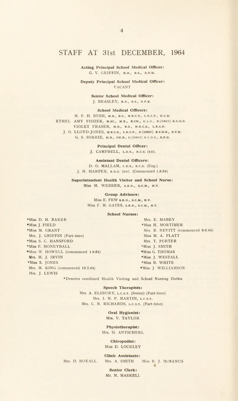 STAFF AT 31st DECEMBER, 1964 Acting Principal School Medical Officer: G. V. GRIFFIN, m.b., b.s., d.p.h. Deputy Principal School Medical Officer: VACANT Senior School Medical Officer: J. BEASLEY, m.b., b.s., d.p.h. School Medical Officers: M. F. H. BUSH, m.b., b.s., m.r.c.s., l.r.c.p., d.c.h. ETHEL AMY FISHER, m.sc., m.b., b.ch., b.a.o., d.(obst) r.c.o.o. VIOLET FRASER, m.b., b.s., m.r.c.s., l.r.c.p. J. O. LLOYD-JONES, m.r.c.s., l.r.c.p., d.(obst) r.c.o.o., d.p.h. G. S. SORRIE, m.b., ch.b., d.(obst) r.c.o.g., d.p.h. Principal Dental Officer: J. CAMPBELL, l.d.s., R.c.s. (ed). Assistant Dental Officers: D. O. MALLAM, l.d.s., r.c.s. (Eng.) J. H. HARPER, b.d.s. (ed). (Commenced 1.8.64) Superintendent Health Visitor and School Nurse: Miss M. WEBBER, s.r.n., s.c.m., h.v. Group Advisors: Miss E. FEW s.r.n., s.c.m., h.v. Miss F. M. GATES, s.r.n., s.c.m., h.v. School Nurses: •Miss D. H. BAKER •Miss J. FIELD •Miss M. GRANT Mrs. J. GRIFFIN (Part-time) •Miss S. C. HANSFORD •Miss P. HONEYBALL •Miss M. HOWELL (commenced 1.8.64) Mrs. H. J. IRVIN •Miss S. JONES Mrs. M. KING (commenced 19.5.64) Mrs. J. LEWIS Mrs. E. MABEY •Miss H. MORTIMER Mrs. B. NEVITT (commenced 8.6.64) Miss M. A. PLATT Mrs. T. PORTER 'Miss J. SMITH •Miss G. THOMAS •Miss J. WESTALL •Miss B. WHITE •Miss J WILLIAMSON •Denotes combined Health Visiting and School Nursing Duties Speech Therapists: Mrs. A. ELSBURY, l.c.s.t. (Senior) (Part-time) Mrs. I. M. P. MARTIN, l.c.s.t. Mrs. C. R. RICHARDS, l.c.s.t. (Part-time) Oral Hygienist: Mrs. V. TAYLOR Physiotherapist: Mrs. M. ANTSCHERL Chiropodist: Miss D. LOCKLEY Clinic Assistants: Mrs. D. BOXALL Mrs. A. SMITH Miss B. J. McMANUS Senior Clerk: Mr. N. MASKELI