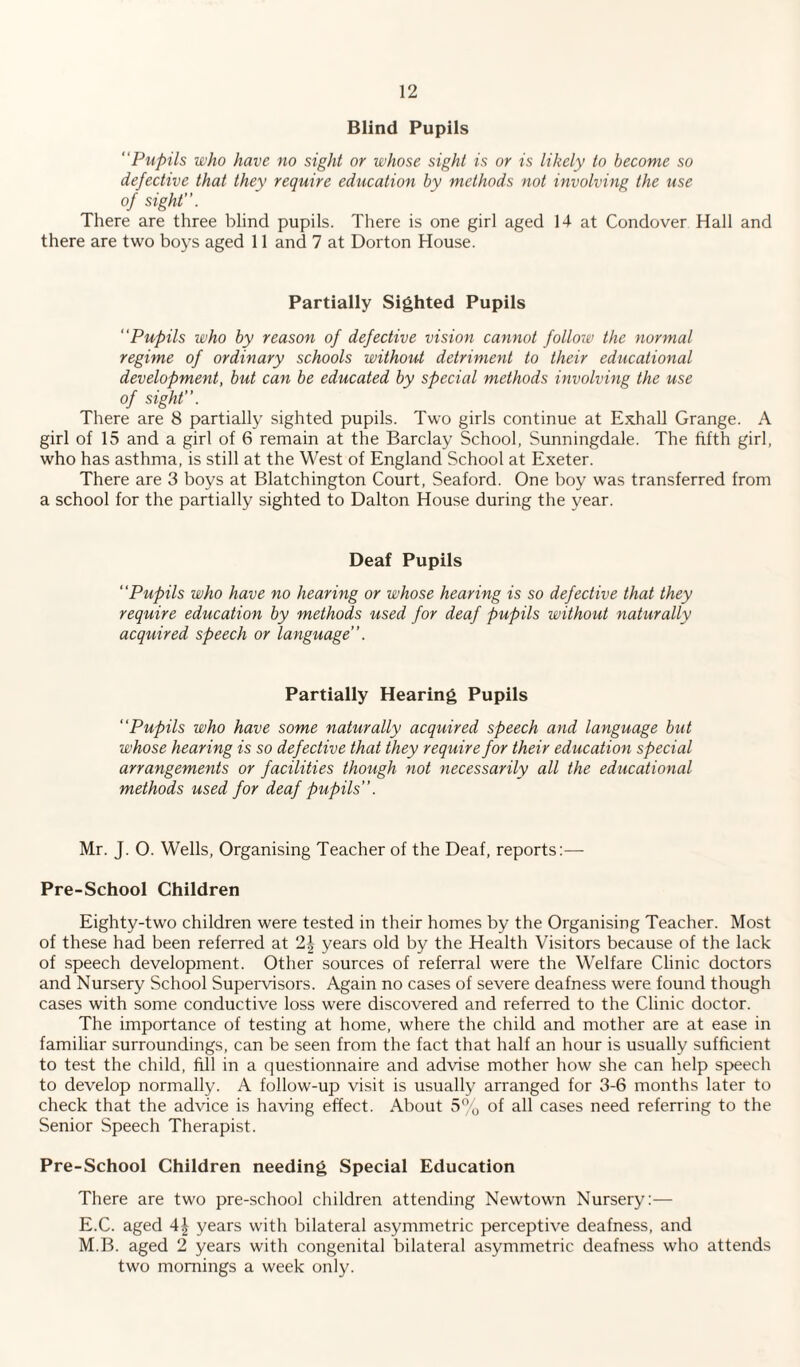 Blind Pupils “Pupils who have no sight or whose sight is or is likely to become so defective that they require education by methods not involving the use of sight’’. There are three blind pupils. There is one girl aged 14 at Condover Hall and there are two boys aged 11 and 7 at Dorton House. Partially Sighted Pupils “Pupils who by reason of defective vision cannot follow the normal regime of ordinary schools without detriment to their educational development, but can be educated by special methods involving the use of sight’’. There are 8 partially sighted pupils. Two girls continue at Exhall Grange. A girl of 15 and a girl of 6 remain at the Barclay School, Sunningdale. The fifth girl, who has asthma, is still at the West of England School at Exeter. There are 3 boys at Blatchington Court, Seaford. One boy was transferred from a school for the partially sighted to Dalton House during the year. Deaf Pupils “Pupils who have no hearing or whose hearing is so defective that they require education by methods used for deaf pupils without naturally acquired speech or language’. Partially Hearing Pupils “Pupils who have some naturally acquired speech and language but whose hearing is so defective that they require for their education special arrangements or facilities though not necessarily all the educational methods used for deaf pupils’’. Mr. J. O. Wells, Organising Teacher of the Deaf, reports:— Pre-School Children Eighty-two children were tested in their homes by the Organising Teacher. Most of these had been referred at 2| years old by the Health Visitors because of the lack of speech development. Other sources of referral were the Welfare Clinic doctors and Nursery School Supervisors. Again no cases of severe deafness were found though cases with some conductive loss were discovered and referred to the Clinic doctor. The importance of testing at home, where the child and mother are at ease in familiar surroundings, can be seen from the fact that half an hour is usually sufficient to test the child, fill in a questionnaire and advise mother how she can help speech to develop normally. A follow-up visit is usually arranged for 3-6 months later to check that the advice is having effect. About 5% of all cases need referring to the Senior Speech Therapist. Pre-School Children needing Special Education There are two pre-school children attending Newtown Nursery:— E.C. aged 4| years with bilateral asymmetric perceptive deafness, and M.B. aged 2 years with congenital bilateral asymmetric deafness who attends two mornings a week only.