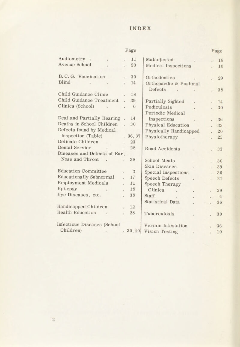 INDEX Audiometry . Page 11 Avenue School 23 B. C.G. Vaccination 30 Blind 14 Child Guidance Clinic 18 Child Guidance Treatment . 39 Clinics (School) 6 Deaf and Partially Hearing . 14 Deaths in School Children 30 Defects found by Medical Inspection (Table) 36,37 Delicate Children 23 Dental Service 28 Diseases and Defects of Ear, Nose and Throat 38 Education Committee 3 Educationally Subnormal 17 Employment Medicals 11 Epilepsy 18 Eye Diseases, etc. 38 Handicapped Children 12 Health Education 28 Infectious Diseases (School Children) 30,40 Page Maladjusted . 18 Medical Inspections . 10 Orthodontics . 29 Orthopaedic & Postural Defects . 38 Partially Sighted . 14 Pediculosis . 30 Periodic Medical Inspections . 36 Physical Education . 33 Physically Handicapped . 20 Physiotherapy . 25 Road Accidents . 33 School Meals . 30 Skin Diseases . 39 Special Inspections . 36 Speech Defects . 21 Speech Therapy Clinics . 39 Staff 4 Statistical Data . 36 Tuberculosis . 30 Vermin Infestation . 36 Vision Testing . 10