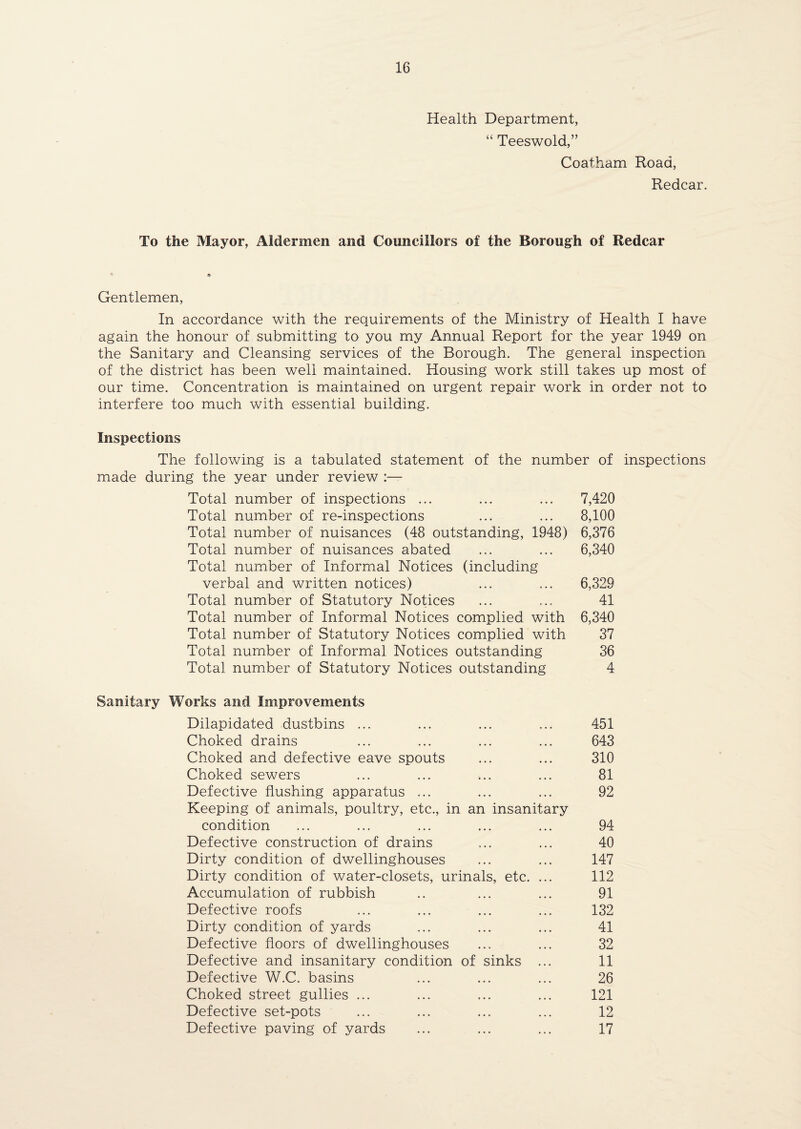 Health Department, “ Teeswold,” Coatham Road, Redcar. To the Mayor, Aldermen and Councillors of the Borough of Redcar Gentlemen, In accordance with the requirements of the Ministry of Health I have again the honour of submitting to you my Annual Report for the year 1949 on the Sanitary and Cleansing services of the Borough. The general inspection of the district has been well maintained. Housing work still takes up most of our time. Concentration is maintained on urgent repair work in order not to interfere too much with essential building. Inspections The following is a tabulated statement of the number of inspections made during the year under review :— Total number of inspections ... ... ... 7,420 Total number of re-inspections ... ... 8,100 Total number of nuisances (48 outstanding, 1948) 6,376 Total number of nuisances abated ... ... 6,340 Total number of Informal Notices (including verbal and written notices) ... ... 6,329 Total number of Statutory Notices ... ... 41 Total number of Informal Notices complied with 6,340 Total number of Statutory Notices complied with 37 Total number of Informal Notices outstanding 36 Total number of Statutory Notices outstanding 4 Sanitary Works and Improvements Dilapidated dustbins ... ... ... ... 451 Choked drains ... ... ... ... 643 Choked and defective eave spouts ... ... 310 Choked sewers ... ... ... ... 81 Defective flushing apparatus ... ... ... 92 Keeping of animals, poultry, etc., in an insanitary condition ... ... ... ... ... 94 Defective construction of drains ... ... 40 Dirty condition of dwellinghouses ... ... 147 Dirty condition of water-closets, urinals, etc. ... 112 Accumulation of rubbish .. ... ... 91 Defective roofs ... ... ... ... 132 Dirty condition of yards ... ... ... 41 Defective floors of dwellinghouses ... ... 32 Defective and insanitary condition of sinks ... 11 Defective W.C. basins ... ... ... 26 Choked street gullies ... ... ... ... 121 Defective set-pots ... ... ... ... 12 Defective paving of yards ... ... ... 17