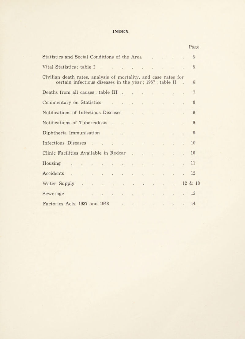 INDEX Page Statistics and Social Conditions of the Area .... Vital Statistics ; table I. Civilian death rates, analysis of mortality, and case rates for certain infectious diseases in the year ; 1957 ; table II Deaths from all causes ; table III. Commentary on Statistics. Notifications of Infectious Diseases. Notifications of Tuberculosis. Diphtheria Immunisation. Infectious Diseases. Clinic Facilities Available in Redcar. Housing. Accidents. Water Supply.12 Sewerage . Factories Acts, 1937 and 1948 . 5 5 6 7 8 9 9 9 10 10 11 12 & 18 13 14