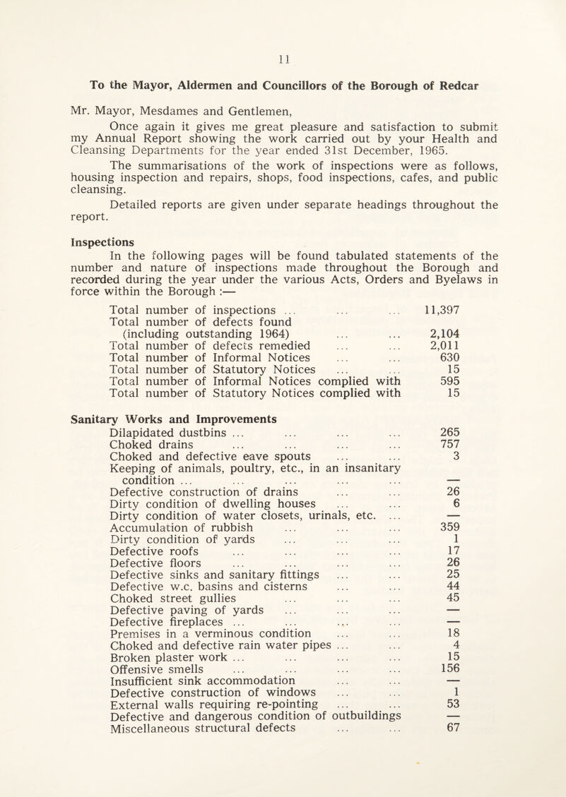 To the Mayor, Aldermen and Councillors of the Borough of Redcar Mr. Mayor, Mesdames and Gentlemen, Once again it gives me great pleasure and satisfaction to submit my Annual Report showing the work carried out by your Health and Cleansing Departments for the year ended 31st December, 1965. The summarisations of the work of inspections were as follows, housing inspection and repairs, shops, food inspections, cafes, and public cleansing. Detailed reports are given under separate headings throughout the report. Inspections In the following pages will be found tabulated statements of the number and nature of inspections made throughout the Borough and recorded during the year under the various Acts, Orders and Byelaws in force within the Borough :— Total number of inspections ... ... ... 11,397 Total number of defects found (including outstanding 1964) ... ... 2,104 Total number of defects remedied ... ... 2,011 Total number of Informal Notices ... ... 630 Total number of Statutory Notices ... ... 15 Total number of Informal Notices complied with 595 Total number of Statutory Notices complied with 15 Sanitary Works and Improvements Dilapidated dustbins ... ... ... ... 265 Choked drains ... ... ... ... 757 Choked and defective eave spouts ... ... 3 Keeping of animals, poultry, etc., in an insanitary condition ... ... ... ... ... — Defective construction of drains ... ... 26 Dirty condition of dwelling houses ... ... 6 Dirty condition of water closets, urinals, etc. ... Accumulation of rubbish ... ... ... 359 Dirty condition of yards ... ... ... 1 Defective roofs ... ... ... ... 17 Defective floors ... ... ... ... 26 Defective sinks and sanitary fittings ... ... 25 Defective w.c. basins and cisterns ... ... 44 Choked street gullies ... ... ... 45 Defective paving of yards ... ... ... — Defective fireplaces ... ... ... ... — Premises in a verminous condition ... ... 18 Choked and defective rain water pipes ... ... 4 Broken plaster work ... ... ... ... 15 Offensive smells ... ... ... ... 156 Insufficient sink accommodation ... ... — Defective construction of windows ... ... 1 External walls requiring re-pointing ... ... 53 Defective and dangerous condition of outbuildings — Miscellaneous structural defects ... ... 67