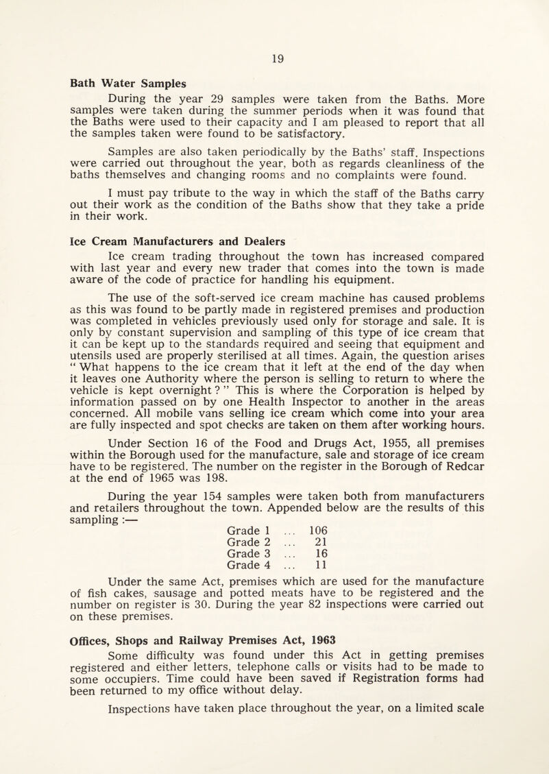 Bath Water Samples During the year 29 samples were taken from the Baths. More samples were taken during the summer periods when it was found that the Baths were used to their capacity and I am pleased to report that all the samples taken were found to be satisfactory. Samples are also taken periodically by the Baths’ staff. Inspections were carried out throughout the year, both as regards cleanliness of the baths themselves and changing rooms and no complaints were found. I must pay tribute to the way in which the staff of the Baths carry out their work as the condition of the Baths show that they take a pride in their work. Ice Cream Manufacturers and Dealers Ice cream trading throughout the town has increased compared with last year and every new trader that comes into the town is made aware of the code of practice for handling his equipment. The use of the soft-served ice cream machine has caused problems as this was found to be partly made in registered premises and production was completed in vehicles previously used only for storage and sale. It is only by constant supervision and sampling of this type of ice cream that it can be kept up to the standards required and seeing that equipment and utensils used are properly sterilised at all times. Again, the question arises “ What happens to the ice cream that it left at the end of the day when it leaves one Authority where the person is selling to return to where the vehicle is kept overnight ? ” This is where the Corporation is helped by information passed on by one Health Inspector to another in the areas concerned. All mobile vans selling ice cream which come into your area are fully inspected and spot checks are taken on them after working hours. Under Section 16 of the Food and Drugs Act, 1955, all premises within the Borough used for the manufacture, sale and storage of ice cream have to be registered. The number on the register in the Borough of Redcar at the end of 1965 was 198. During the year 154 samples were taken both from manufacturers and retailers throughout the town. Appended below are the results of this sampling :— Grade 1 ... 106 Grade 2 ... 21 Grade 3 ... 16 Grade 4 ... 11 Under the same Act, premises which are used for the manufacture of fish cakes, sausage and potted meats have to be registered and the number on register is 30. During the year 82 inspections were carried out on these premises. Offices, Shops and Railway Premises Act, 1963 Some difficulty was found under this Act in getting premises registered and either letters, telephone calls or visits had to be made to some occupiers. Time could have been saved if Registration forms had been returned to my office without delay. Inspections have taken place throughout the year, on a limited scale