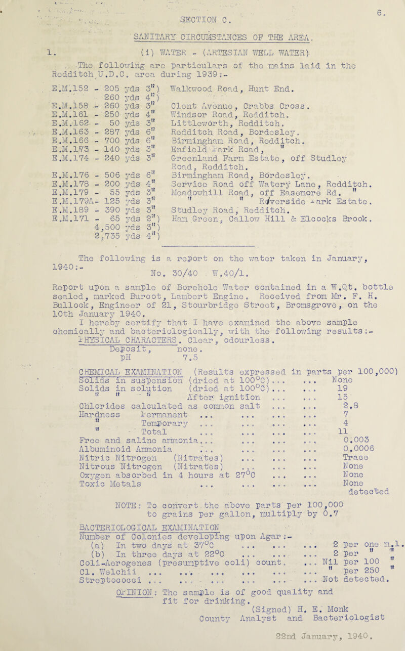1 v.. Of.,..:' SECTION C. SANITARY CIRCUMSTANCES OF THE AREA, (i) WATER - (ARTESIAN WELL WATER)- •The following arc particulars of tho mains laid in tho Redditch U.D.C. area E .M’ .152 _ 205 yds 3”) 260 yds 4”)’ E .M .158 —■ 260 yds 3J E .M .161 - 250 yds 4” E .M .162 — 50 yds 3 E .163 — 287 yds 6,? E .M .166 - 700 yds 6 E .M .173 — 140 yds 3U E .M .174 - 240 yds 3,y E .M .176 506 yds 6!* E ,M .178 — 200 .yds 4” E .M .179 — 55 yds 3” E .M . 179A — 125 yds 3,? E .M .189 — 390 yds 3,J E .M .171 — 65 yds 2:J) 4 ,500 yds 31}) 2 ,735 yds 4i?) Walkwood Road, Hunt End. Clont Avenue, Crabbs Cross. Windsor Road, Redditch. Littleworth, Redditch. Redditch Road, Bordesley. Birmingham Road, Redditch. Enfield Park Road, Greenland Farm Estate, off Studloy Road, Redditch. Birmingham Road, Bordcsloy. Service Road off Watery Lane, Redditch. Meadowhill Road, off Easemore Rd. Riverside j-ark Estate. Studloy Road, Rodditch. Ham Green, Callow Hill & Elcocks Brook, The following is 1940: - No. a report on the water taken in January 30/40 W.4Q/1. 9 Report upon a sample of Borehole Water contained in a W.Qt. bottle sealed, marked Burcot, Lambert Engine. Received from Mr. F. H. Bullock, Engineer of 21, Stourbridge Street, Bromsgrove, on the 10th January 1940. I hereby certify that I have examined the above sample chemically and bacteriologically, with the following results PHYSICAL CHARACTERS. Clear, odourless. Deposit, none. pH 7.5 CHEMICAL EXAMINATION (Results expressed Solids in suspension (dried at 100°C)... Solids in solution (dried at 100°C). . . lt li After ignition Chlorides calculated as common salt Hardness Permanent ... ... ... Temporary tT Total Free and saline ammonia... Albuminoid Ammonia . Nitric Nitrogen (Nitrates) Nitrous Nitrogen (Nitrates) Oxygen absorbed in 4 hours at Toxic Metals 0 « o O O o 27°C o o o ore in parts per 100,000) ... None . . . 19 . o . 15 ... 2.8 11 0.003 0.0006 Trace None None None detected N0TE° To convert the above parts per 100,000 to grains per gallon, multipljr by 0.7 BACTERIOLOGICAL EXAMINATION Number of Colonies developing upon Agars- (a) In two days at 37°C ... ... ... 2 per one m.l (b) In three days at 22°C ... ... ... 2 per 1 Coli-Aerogenes (presumptive coli) count. ... Nil per 100 Cl. Welchii ... ... ... ... ... ... per 250 Streptococci ... ... ... ... ... Not detected. OPINIONs The sample is of good quality and fit for drinking. (Signed) H. E. Monk County Analyst and Bacteriologist