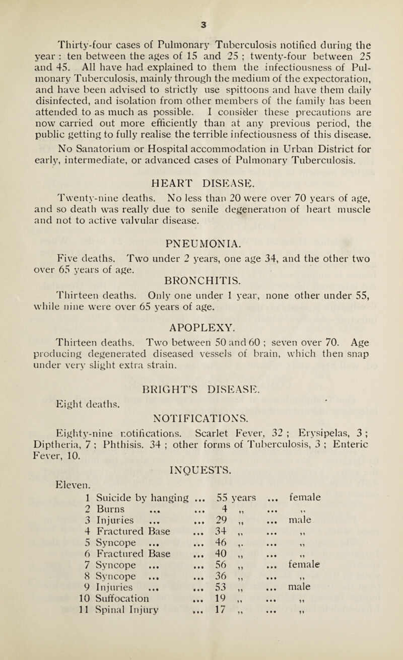 Thirty-four cases of Pulmonary Tuberculosis notified during the year : ten between the ages of 15 and 25 ; twenty-four between 25 and 45. All have had explained to them the infectiousness of Pul¬ monary Tuberculosis, mainly through the medium of the expectoration, and have been advised to strictly use spittoons and have them daily disinfected, and isolation from other members of the family has been attended to as much as possible. I consider these precautions are now carried out more efficiently than at any previous period, the public getting to fully realise the terrible infectiousness of this disease. No Sanatorium or Hospital accommodation in Urban District for early, intermediate, or advanced cases of Pulmonary Tuberculosis. HEART DISEASE. Twenty-nine deaths. No less than 20 were over 70 years of age, and so death was really due to senile degeneration of heart muscle and not to active valvular disease. PNEUMONIA. Five deaths. Two under 2 years, one age 34, and the other two over 65 years of age. BRONCHITIS. Thirteen deaths. Only one under 1 year, none other under 55, while nine were over 65 years of age. APOPLEXY. Thirteen deaths. Two between 50 and 60 ; seven over 70. Age producing degenerated diseased vessels of brain, which then snap under very slight extra strain. BRIGHT’S DISEASE. Eight deaths. NOTIFICATIONS. Eighty-nine notifications. Scarlet Fever, 32 ; Erysipelas, 3 ; Diptheria, 7 ; Phthisis. 34 ; other forms of Tuberculosis, 3 ; Enteric Fever, 10. INQUESTS. Eleven. 1 Suicide by hanging ... 55 years ... female 2 Burns 4 n • • • > i 3 Injuries 29 n • • • male 4 Fractured Base 34 n • • • M 5 Syncope 46 v • • • M 6 Fractured Base 40 n • • • n 7 Syncope 56 n • • • female 8 Syncope ... 36 n • • • ) i 9 Injuries ... 53 n • • • male 10 Suffocation 19 M • • • tt 11 Spinal Injury 17 n • • • V