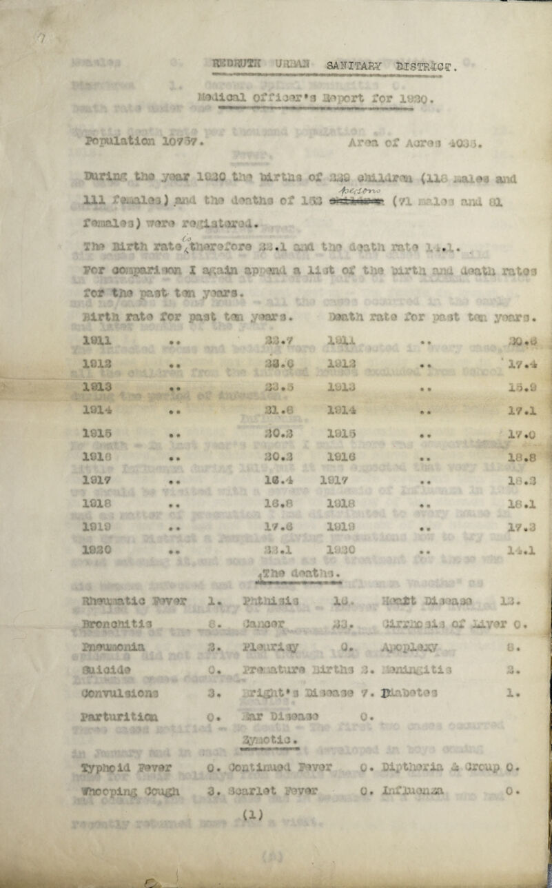 mroauTii sanitary district. —mi r ,■ ■ttmti■■^tri lint ■i‘miiiw-rtr-irTi.r-»T<Tt>ii»'»—n mfw •m m* m noaioal ot :iW'3 import for luag. Population 10717. Ar m of Aaro 1 4033* mru^ the joar liuc Um WLrtU« or 33Q ohUlraa (11a ^ala« ana Ill ‘ \,U3i) a:, v t imlhi Ci 133 =>==»^a» (7, . ;o 1 rv.l 1.4 femlea) were rog^taro4« {yO m 33.1 CLKl : . . per acaparlion X a&ath apj ml a 11 jt cl the pirtu ana aeatu ratos for tm past- tm y>are. Birth rata tor past tan ymrs. >>r-,tn rate Oor un it ton year3. 19U $. 1 1UU • * &.a >• 1 • V 1013 33.0 1913 • • ' 17*4 1013 30 • 3 ioi.j • • 1*>.9 1914 31.8 1014 • • 17*1 1916 ao.a i»i > • • 17.0 1010 30.3 1818 •. 18.8 1317 13.4 1917 ♦ • 18.3 1818 18*8 1918 * « le.i 1010 17.8 1819 • * 17*3 1830 1—I • 1930 • • 14.1 4T2p? a^at vi. imrnifiatlc swar 1. Phthisis JU1* Hoo£t Dl.ifaao 13 • BronoMtla 8. oapoor 33. ilrruc 3I.3 cr Aivor 0. Pnou^oiiia 3. Pl-xirljy 3. ApcplW B • 9010140 0. pramt-ore oirtlis 3. ; taninciti 3 *> i-+ m convulsion* 3. right* 3 31 imp? 7. DinD v: >s 1. parturition 0. - ,ar Dissaao 0* 3CA iOtiC. Typhoid swer 0. Joutimod nver 0. DiO'tlinria 3 arcup 0. Whooping Oough 3. scarlet psver 0. Xnfiuon^a 0.