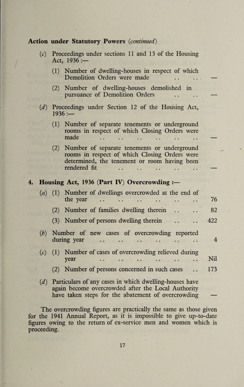 Action under Statutory Powers (continued) (c) Proceedings under sections 11 and 13 of the Housing Act, 1936 :— (1) Number of dwelling-houses in respect of which Demolition Orders were made .. .. — (2) Number of dwelling-houses demolished in pursuance of Demolition Orders .. .. — (id) Proceedings under Section 12 of the Housing Act, 1936 :— (1) Number of separate tenements or underground rooms in respect of which Closing Orders were made .. .. .. .. .. .. —— (2) Number of separate tenements or underground rooms in respect of which Closing Orders were determined, the tenement or room having been rendered fit . .. .. — 4. Housing Act, 1936 (Part IV) Overcrowding :— (a) (1) Number of dwellings overcrowded at the end of the year .. .. . 76 (2) Number of families dwelling therein .. .. 82 (3) Number of persons dwelling therein .. .. 422 (b) Number of new cases of overcrowding reported during year .. .. .. .. .. .. 4 (c) (1) Number of cases of overcrowding relieved during year .Nil (2) Number of persons concerned in such cases .. 173 (<d) Particulars of any cases in which dwelling-houses have again become overcrowded after the Local Authority have taken steps for the abatement of overcrowding — The overcrowding figures are practically the same as those given for the 1941 Annual Report, as it is impossible to give up-to-date figures owing to the return of ex-service men and women which is proceeding.