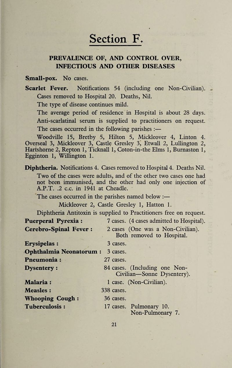PREVALENCE OF, AND CONTROL OVER, INFECTIOUS AND OTHER DISEASES Small-pox. No cases. Scarlet Fever. Notifications 54 (including one Non-Civilian). . Cases removed to Hospital 20. Deaths, Nil. The type of disease continues mild. The average period of residence in Hospital is about 28 days. Anti-scarlatinal serum is supplied to practitioners on request. The cases occurred in the following parishes :— Woodville 15, Bretby 5, Hilton 5, Mickleover 4, Linton 4. Overseal 3, Mickleover 3, Castle Gresley 3, Etwall 2, Lullington 2, Hartshorne 2, Repton 1, Ticknall 1, Coton-in-the Elms 1, Burnaston 1, Egginton 1, Willington 1. Diphtheria. Notifications 4. Cases removed to Hospital 4. Deaths Nil. Two of the cases were adults, and of the other two cases one had not been immunised, and the other had only one injection of A.P.T. .2 c.c. in 1941 at Cheadle. The cases occurred in the parishes named below :— Mickleover 2, Castle Gresley 1, Hatton 1. Diphtheria Antitoxin is supplied to Practitioners free on request. Puerperal Pyrexia : Cerebro-Spinal Fever : Erysipelas : Ophthalmia Neonatorum Pneumonia : Dysentery : Malaria : Measles : Whooping Cough : Tuberculosis : 7 cases. (4 cases admitted to Hospital). 2 cases (One was a Non-Civilian). Both removed to Hospital. 3 cases. : 3 cases. 27 cases. 84 cases. (Including one Non- Civilian—Sonne Dysentery). 1 case. (Non-Civilian). 338 cases. 36 cases. 17 cases. Pulmonary 10. Non-Pulmonary 7.
