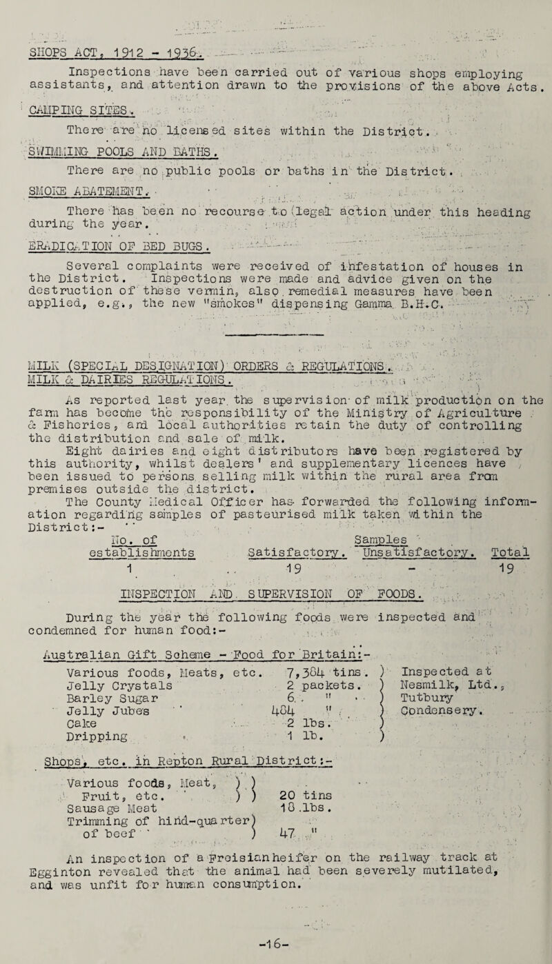 SHOPS ACT, 1 91 2 - 1956., . -.. .. Inspections nave been carried out of various shops employing assistants, and attention drawn to the provisions of the above Acts. CAMPING SITES, ‘o- ' There -are no licensed sites within the District. , SWIMMING POOLS AND BATHS. There are no public pools or baths in the District. , SMOKE ABATEMENT, ■ • ■ ' ' . , ■ -' ——- . ■ — —■ r : ; j , ‘ -4-- There has been no recourse t o (legal action under this heading during the year. . ■; ERADICATION OP BED BUGS. Several complaints were received of iinfestation of houses in the District. Inspections were made and advice given on the destruction of these vermin, also.remedial measures have been applied, e.g», the new smokes dispensing Gamma. B.H.C-, MILK (SPECIAL DESIGNATION) ORDERS Cz REGULATIONS , MILK & DAIRIES REGULATIONS. .... i. a-o -.•••'•• • ' As reported last year, the s upervis ion-of milk production on the farm has become the responsibility of the Ministry of Agriculture . cc Fisheries, and local authorities retain the duty of controlling the distribution and sale of.milk. Eight dairies and eight distributors have been registered by this authority, whilst dealers' and supplementary licences have been issued to persons selling milk within the rural area from premises outside the district. The County Medical Officer has- forwarded the following inform¬ ation regarding samples of pasteurised milk taken within the District No. of e s t ab1is hment s Satisfactory. Samples Unsatisfactory. Total 1 19 - 19 INSPECTION AND. SUPERVISION OF FOODS. ■ . - - ■ t .. ■■ ■. -■ ■ — . . .1. . J - A 1 ’ ’ _ . During the year the following foods were inspected and condemned for human food:- Australian Gift Scheme - Food for Britain: Various foods, Meats Jelly Crystals Barley Sugar Jelly Jubes Cake Dripping etc. 7,384 'tins . ) 2 packets. ) 6. , • • ) 404 V ,■ ) 2 lbs. ) 1 lb. ) Shops', etc . in Repton Rural: District Various foods, Meat, ) ) Fruit, etc. ) ) 20 tins Sausage Meat iB.lbs. Trimming of hind-quarter) of beef ' ) 47 ( . (i j i .’ • Inspected at Nesmilk, Ltd., Tutbury Condensery. An inspection of a preisianheifer on the railway track at Egginton revealed that the animal had been severely mutilated, and was unfit for human consumption.' -16-