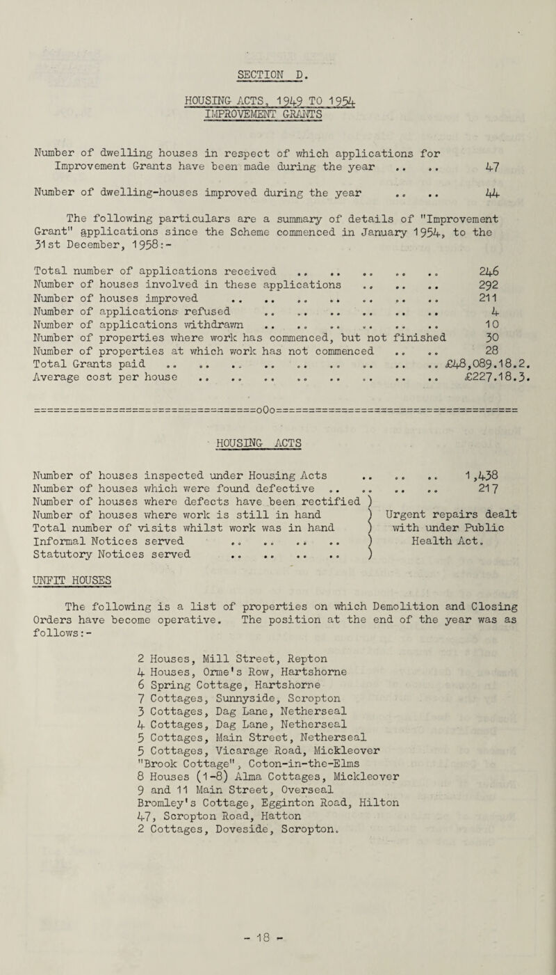SECTION D. HOUSING ACTS, 1949 TO 1954 IMPROVEMENT GRANTS Number of dwelling houses in respect of which applications for Improvement Grants have been made during the year .. .. 47 Number of dwelling-houses improved during the year .. .. 44 The following particulars are a summary of details of Improvement Grant” applications since the Scheme commenced in January 1954, to the 31st December, 1958:- Total number of applications received.. .. .. 246 Number of houses involved in these applications . 292 Number of houses improved .. .. .. „. .. 211 Number of applications- refused . . . 4 Number of applications withdrawn .. .. .. .. 10 Number of properties where work has commenced, but not finished 30 Number of properties at which work has not commenced .. .. 28 Total Grants paid .. .. .. .. .. .. .. £48,089.18.2. Average cost per house .. .. .. .. .. .. £227.18.3. =————o0o=——= HOUSING ACTS Number of houses inspected under Housing Acts Number of houses which were found defective Number of houses where defects have been rectified ) Number of houses where work is still in hand ) Total number of visits whilst work was in hand ) Informal Notices served .„ .. .* .. ) Statutory Notices served .. .. .. .. ) .. .. 1,438 .. .. 217 Urgent repairs dealt with under Public Health Act. UNFrr HOUSES The following is a list of properties on which Demolition and Closing Orders have become operative. The position at the end of the year was as follows:- 2 Houses, Mill Street, Repton 4 Houses, Orme's Row, Hartshorne 6 Spring Cottage, Hartshorne 7 Cottages, Sunnyside, Scropton 3 Cottages, Dag Lane, Netherseal 4 Cottages, Dag Lane, Netherseal 5 Cottages, Main Street, Netherseal 5 Cottages, Vicarage Road, Mickleover Brook Cottage, Coton-in-the-Elms 8 Houses (1-8) Alma Cottages, Mickleover 9 and 11 Main Street, Overseal Bromley's Cottage, Egginton Road, Hilton 47, Scropton Road, Hatton 2 Cottages, Doveside, Scropton.