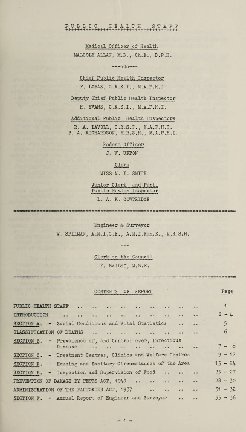 PUBLIC HEALTH STAFF Medical Officer of Health MALCOLM ALLAN, M.B., Ch.B., D.P.H. -0O0- Chief Public Health Inspector F. LOMAS, C.R.S.I., M.A.P.H.I. Deputy Chief Public Health Inspector Ho EVANS, C.R.S.I., M.A.P.H.I. Additional Public Health Inspectors R. A. DAVOLL, C.R.S.I., M.A.P.H.I. B. A. RICHARDSON, M.R.S.H., M.A.P.H.I. Rodent Officer J. W. UFTON Clerk MISS M. E. SMITH Junior Clerk and Pupil Public Health Inspector L. A. K. GOWTRIDGE Engineer & Surveyor W. SPILMAN, A.M.I.C.E., A.M.I.Mun.E., M.R.S.H. Clerk to the Council F. BAILEY, M.B.E. CONTENTS OF REPORT Page FUBLIC HEALTH STAFF.. .. .. .. .. 1 INTRODUCTION .. . .. .. .. 2-4 SECTION A. - Social Conditions and Vital Statistics .... 5 CLASSIFICATION OF DEATHS .. .. .. .. .. 6 SECTION B. - Prevalence of, and Control over, Infectious Disease . 7  8 SECTION C. - Treatment Centres, Clinics and Welfare Centres 9 “ 12 SECTION D. - Housing and Sanitary Circumstances of the Area 13-24 SECTION E. - Inspection and Supervision of Food . 25-27 PREVENTION OF DAMAGE BY PESTS ACT, 1949 . 28-30 ADMINISTRATION OF THE FACTORIES ACT, 1937 •• •• •• • • 31-32 SECTION F. - Annual Report of Engineer and Surveyor .. .. 33 — 36