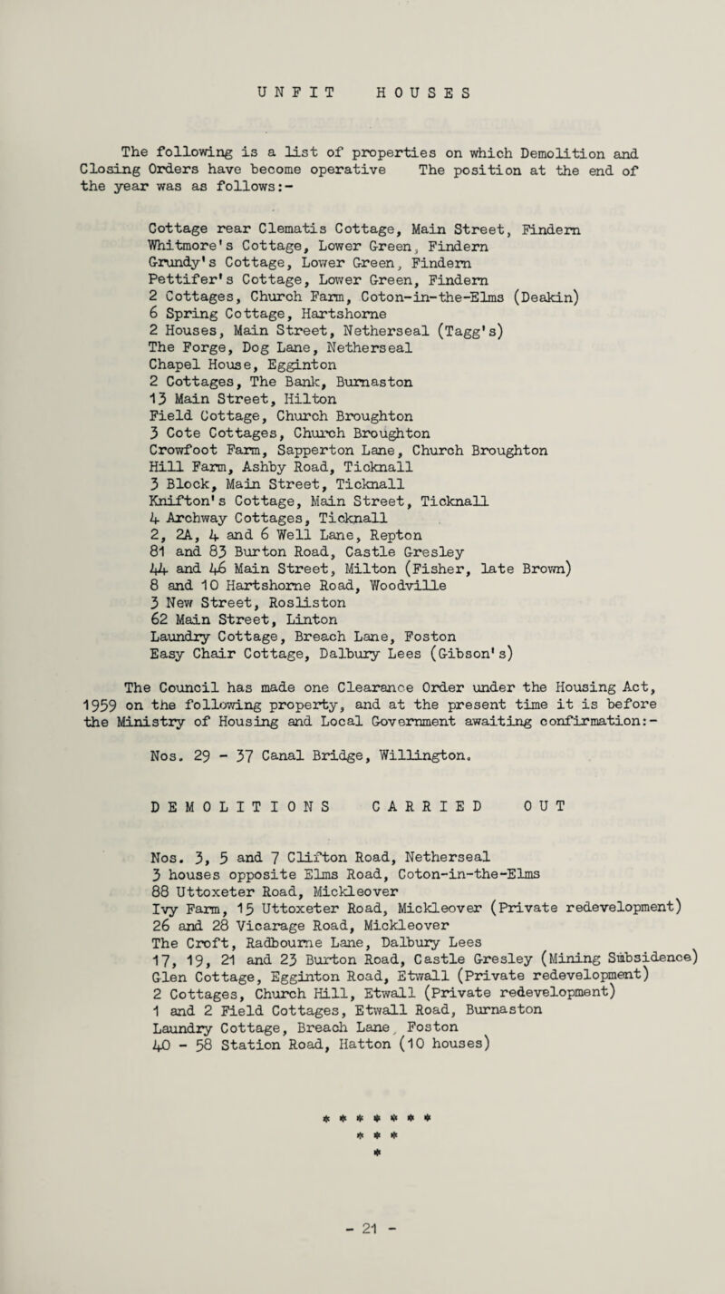 UNFIT HOUSES The following is a list of properties on which Demolition and Closing Orders have become operative The position at the end of the year was as follows:- Cottage rear Clematis Cottage, Main Street, Findem Whitmore's Cottage, Lower Green, Findern Grundy's Cottage, Lower Green, Findem Pettifer's Cottage, Lower Green, Findem 2 Cottages, Church Farm, Coton-in-the-Elms (Deakin) 6 Spring Cottage, Hartshome 2 Houses, Main Street, Netherseal (Tagg's) The Forge, Dog Lane, Netherseal Chapel House, Egginton 2 Cottages, The Bank, Bumaston 13 Main Street, Hilton Field Cottage, Church Broughton 3 Cote Cottages, Church Broughton Crowfoot Farm, Sapperton Lane, Church Broughton Hill Farm, Ashby Road, Ticknall 3 Block, Main Street, Ticknall Knifton's Cottage, Main Street, Ticknall 4 Archway Cottages, Ticknall 2, 2A, 4 and 6 Well Lane, Repton 81 and 83 Burton Road, Castle Gresley 44 and 46 Main Street, Milton (Fisher, late Brown) 8 and 10 Hartshome Road, Woodville 3 New Street, Rosliston 62 Main Street, Linton Laundry Cottage, Breach Lane, Foston Easy Chair Cottage, Dalbury Lees (Gibson's) The Council has made one Clearance Order under the Housing Act, 1959 on the following property, and at the present time it is before the Ministry of Housing and Local Government awaiting confirmation:- Nos. 29 - 37 Canal Bridge, Willington. DEMOLITIONS CARRIED OUT Nos. 3, 5 and 7 Clifton Road, Netherseal 3 houses opposite Elms Road, Coton-in-the-Elms 88 Uttoxeter Road, Mickleover Ivy Farm, 15 Uttoxeter Road, Mickleover (Private redevelopment) 26 and 28 Vicarage Road, Mickleover The Croft, Radboume Lane, Dalbury Lees 17, 19, 21 and 23 Burton Road, Castle Gresley (Mining Subsidence) Glen Cottage, Egginton Road, Etwall (Private redevelopment) 2 Cottages, Church Hill, Etwall (Private redevelopment) 1 and 2 Field Cottages, Etwall Road, Burnaston Laundry Cottage, Breach Lane, Foston 40-58 Station Road, Hatton (10 houses) * * * * # # * * * * *