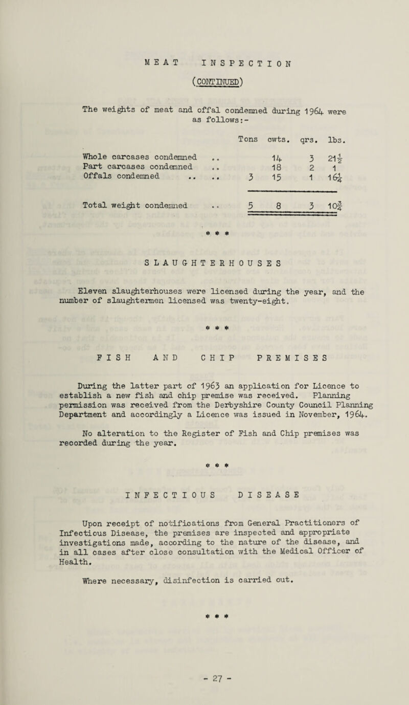 (CONTINUED) The weights of meat and offal condemned during 1964 were as follows:- Tons cwts. qrs. lbs. Whole carcases condemned 0 m 14 3 21 £ Part carcases condemned 4 0 18 2 1 Offals condemned • 9 3 13 1 16J Total weight condemned • V 5 8 3 10} * * * SLAUGHTERHOUSES Eleven slaughterhouses were licensed during the year, and the number of slaughtermen licensed was twenty-eight. * FISH AND CHIP PREMISES During the latter part of 19&3 an application for Licence to establish a new fish and chip premise was received. Planning permission was received from the Derbyshire County Council Planning Department and accordingly a Licence was issued in November, 1964. No alteration to the Register of Fish and Chip premises was recorded during the year. # # * INFECTIOUS DISEASE Upon receipt of notifications from General Practitioners of Infectious Disease, the premises are inspected and appropriate investigations made, according to the nature of the disease, and in all cases after close consultation with the Medical Officer of Health. Where necessary, disinfection is carried out. * * *