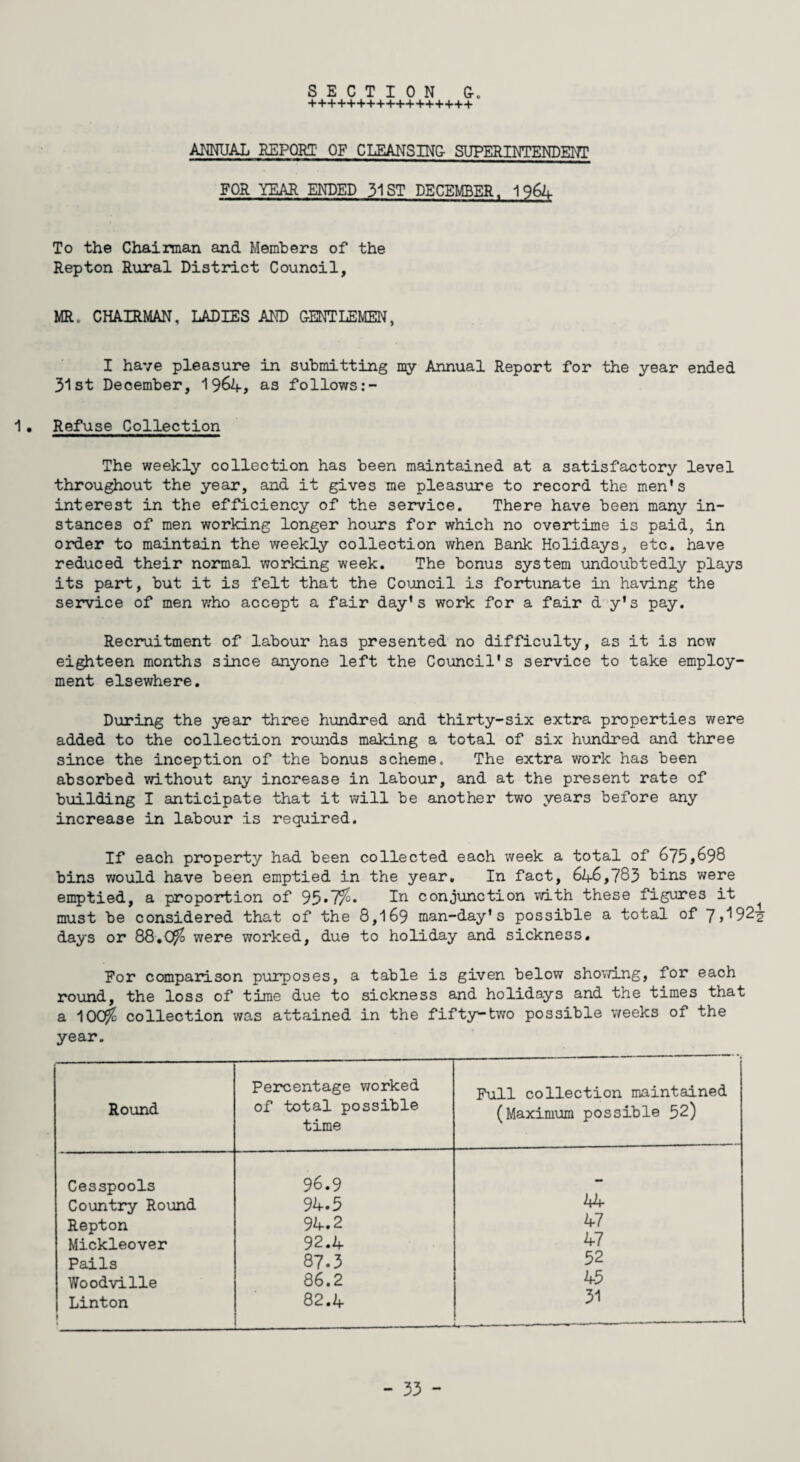 +++++++++++++++++ ANNUAL REPORT OF CLEANSING SUPERINTENDENT FOR YEAR ENDED 31 ST DECEMBER, 1964 To the Chairman and Members of the Repton Rural District Council, MR. CHAIRMAN, LADIES AND GENTLEMEN, I have pleasure in submitting my Annual Report for the year ended 31st December, 1964, as follows:- 1• Refuse Collection The weekly collection has been maintained at a satisfactory level throughout the year, and it gives me pleasure to record the men’s interest in the efficiency of the service. There have been many in¬ stances of men working longer hours for which no overtime is paid, in order to maintain the weekly collection when Bank Holidays, etc. have reduced their normal working week. The bonus system undoubtedly plays its part, but it is felt that the Council is fortunate in having the service of men who accept a fair day’s work for a fair d y’s pay. Recruitment of labour has presented no difficulty, as it is now eighteen months since anyone left the Council's service to take employ¬ ment elsewhere. During the year three hundred and thirty-six extra properties were added to the collection rounds making a total of six hundred and three since the inception of the bonus scheme. The extra work has been absorbed without any increase in labour, and at the present rate of building I anticipate that it will be another two years before any increase in labour is required. If each property had been collected each week a total of 675,698 bins would have been emptied in the year. In fact, 646,783 bins were emptied, a proportion of 95*7^. ln conjunction with these figures it must be considered that of the 8,169 man-day's possible a total of 7>^92'2 days or 88.were worked, due to holiday and sickness. For comparison purposes, a table is given below showing, for each round, the loss of time due to sickness and holidays and the times that a ^00fc collection was attained in the fifty-two possible weeks of the year. Round Percentage worked of total possible time Full collection maintained (Maximum possible 52) Cesspools 96.9 - Country Round 94.5 44 Repton 94.2 47 Mickleover 92.4 47 Pails 87.3 52 Woodville 86.2 45 Linton • 82.4 31 U-————■ ■ -■ ■ —. --—• 1