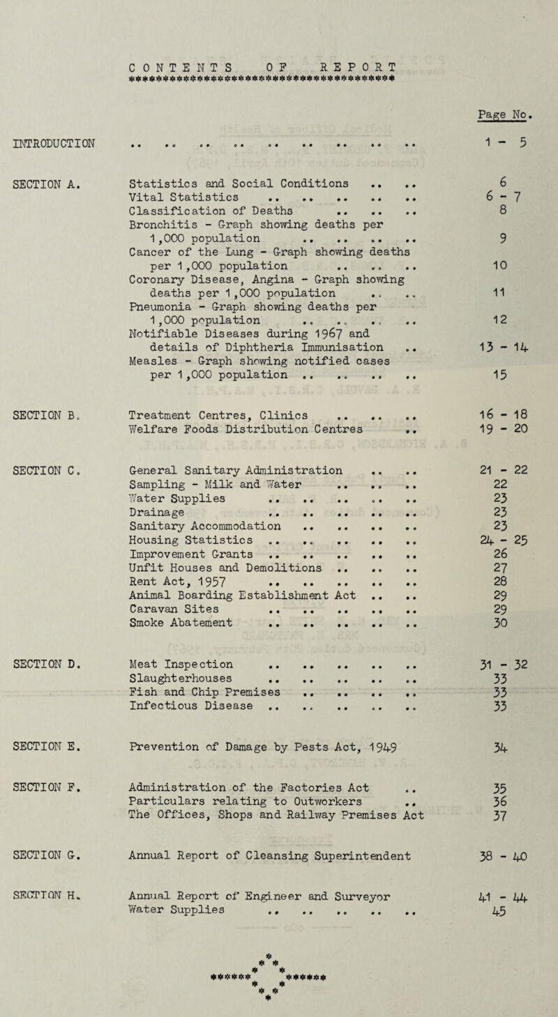 CONTENTS OP REPORT # <es(c **«>!«*« s}: i^***##**# * >!<# ft***# si*#*#*#*# b«fc* * Page No. INTRODUCTION .. .. . 1-5 SECTION A. Statistics and Social Conditions .... 6 Vital Statistics . 6-7 Classification of Deaths ...... 8 Bronchitis - Graph showing deaths per 1,000 population .. .. .. .. 9 Cancer of the Lung - Graph showing deaths per 1,000 population .. ». .. 10 Coronary Disease, Angina - Graph showing deaths per 1,000 population .. .. 11 Pneumonia - Graph showing deaths per 1,000 population ,. .. ., .. 12 Notifiable Diseases during 19&7 an<^ details of Diphtheria Immunisation .. 13-14 Measles - Graph showing notified cases per 1,000 population . 15 SECTION B„ Treatment Centres, Clinics . l6 - 18 Welfare Foods Distribution Centres .. 19-20 SECTION C. General Sanitary Administration .. .. 21-22 Sampling - Milk and Water . 22 Water Supplies . .. .. 23 Drainage 23 Sanitary Accommodation . 23 Housing Statistics .. 24-25 Improvement Grants. .. 26 Unfit Houses and Demolitions. 27 Rent Act, 1957 28 Animal Boarding Establishment Act .... 29 Caravan Sites 29 Smoke Abatement .. .. 30 SECTION D. Meat Inspection . 31-32 Slaughterhouses 33 Fish and Chip Premises . 33 Infectious Disease . 33 SECTION E. Prevention of Damage by Pests Act, 1949 34 SECTION F. Administration of the Factories Act .. 35 Particulars relating to Outworkers .. 36 The Offices, Shops and Railway Premises Act 37 SECTION G. Annual Report of Cleansing Superintendent 38-40 SECTION H„ Annual Report of Engineer and Surveyor 41-44 ’Water Supplies 45 * njc * * # K> *