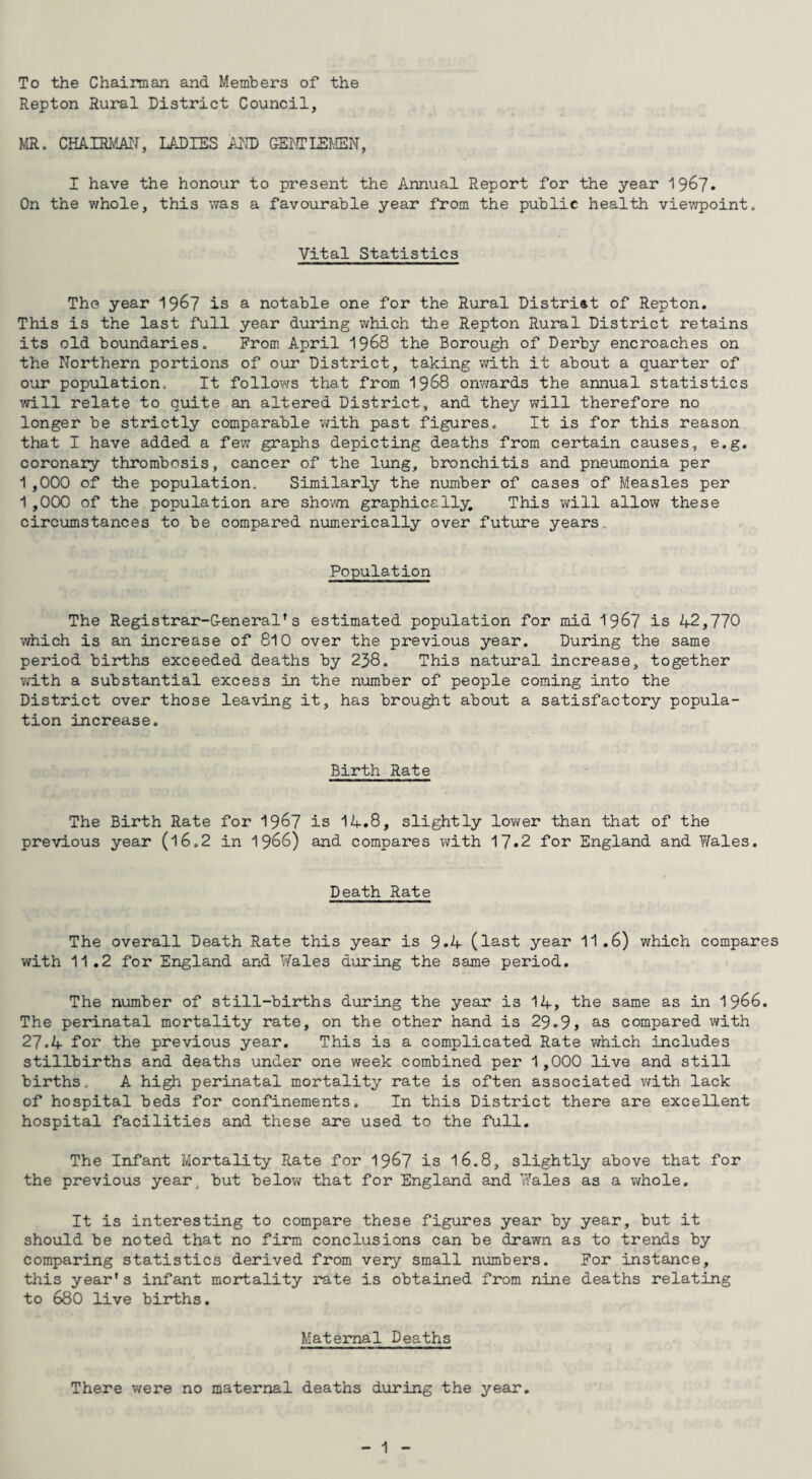 To the Chairman and Members of the Repton Rural District Council, MR. CHAIRMAN, LADIES AND GENTLEMEN, I have the honour to present the Annual Report for the year 1967. On the whole, this was a favourable year from the public health viewpoint. Vital Statistics The year 19&7 is a notable one for the Rural District of Repton. This is the last full year during which the Repton Rural District retains its old boundaries. From April 1968 the Borough of Derby encroaches on the Northern portions of our District, taking with it about a quarter of our population. It follows that from ^^6Q onwards the annual statistics will relate to quite an altered District, and they will therefore no longer be strictly comparable with past figures. It is for this reason that I have added a few graphs depicting deaths from certain causes, e.g. coronary thrombosis, cancer of the lung, bronchitis and pneumonia per 1 ,000 of the population. Similarly the number of cases of Measles per 1 ,000 of the population are shown graphically. This will allow these circumstances to be compared numerically over future years. Population The Registrar-General's estimated population for mid 1967 is 42,770 which is an increase of 810 over the previous year. During the same period births exceeded deaths by 238. This natural increase, together with a substantial excess in the number of people coming into the District over those leaving it, has brought about a satisfactory popula¬ tion increase. Birth Rate The Birth Rate for 19&7 is 14.8, slightly lov/er than that of the previous year (l6.2 in 1966) and compares with 17«2 for England and Wales. Death Rate The overall Death Rate this year is 9*4 (last year 11.6) which compares with 11.2 for England and Y/ales during the same period. The number of still-births during the year is 14, the same as in 1966. The perinatal mortality rate, on the other hand is 29.9, as compared with 27.4 for the previous year. This is a complicated Rate which includes stillbirths and deaths under one week combined per 1,000 live and still births. A high perinatal mortality rate is often associated with lack of hospital beds for confinements. In this District there are excellent hospital facilities and these are used to the full. The Infant Mortality Rate for 1967 is 16.8, slightly above that for the previous year, but below that for England and Wales as a whole. It is interesting to compare these figures year by year, but it should be noted that no firm conclusions can be drawn as to trends by comparing statistics derived from very small numbers. For instance, this year's infant mortality rate is obtained from nine deaths relating to 680 live births. Maternal Deaths There were no maternal deaths during the year.