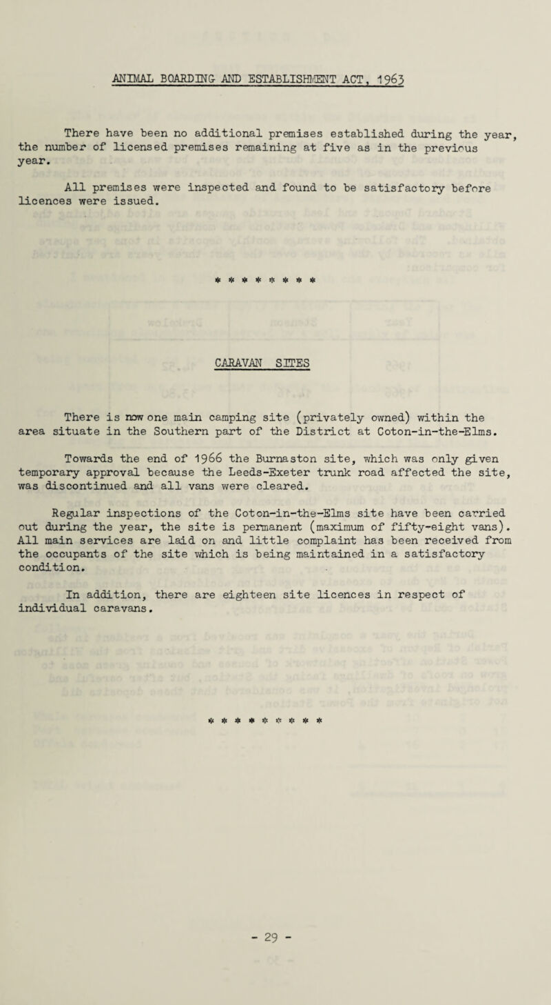 ANIMAL BOARDING- AND ESTABLISHMENT ACT, 1963 There have been no additional premises established during the year, the number of licensed premises remaining at five as in the previous year. All premises were inspected and found to be satisfactory before licences were issued. CARAVAN SITES There is now one main camping site (privately owned) within the area situate in the Southern part of the District at Coton-in-the-Elms. Towards the end of 1j66 the Burnaston site, which was only given temporary approval because the Leeds-Exeter trunk road affected the site, was discontinued and all vans were cleared. Regular inspections of the Coton-in-the-Elms site have been carried out during the year, the site is permanent (maximum of fifty-eight vans). All main services are laid on and little complaint has been received from the occupants of the site which is being maintained in a satisfactory condition. In addition, there are eighteen site licences in respect of individual caravans. lit >{s # * tjc i* $ # >)t