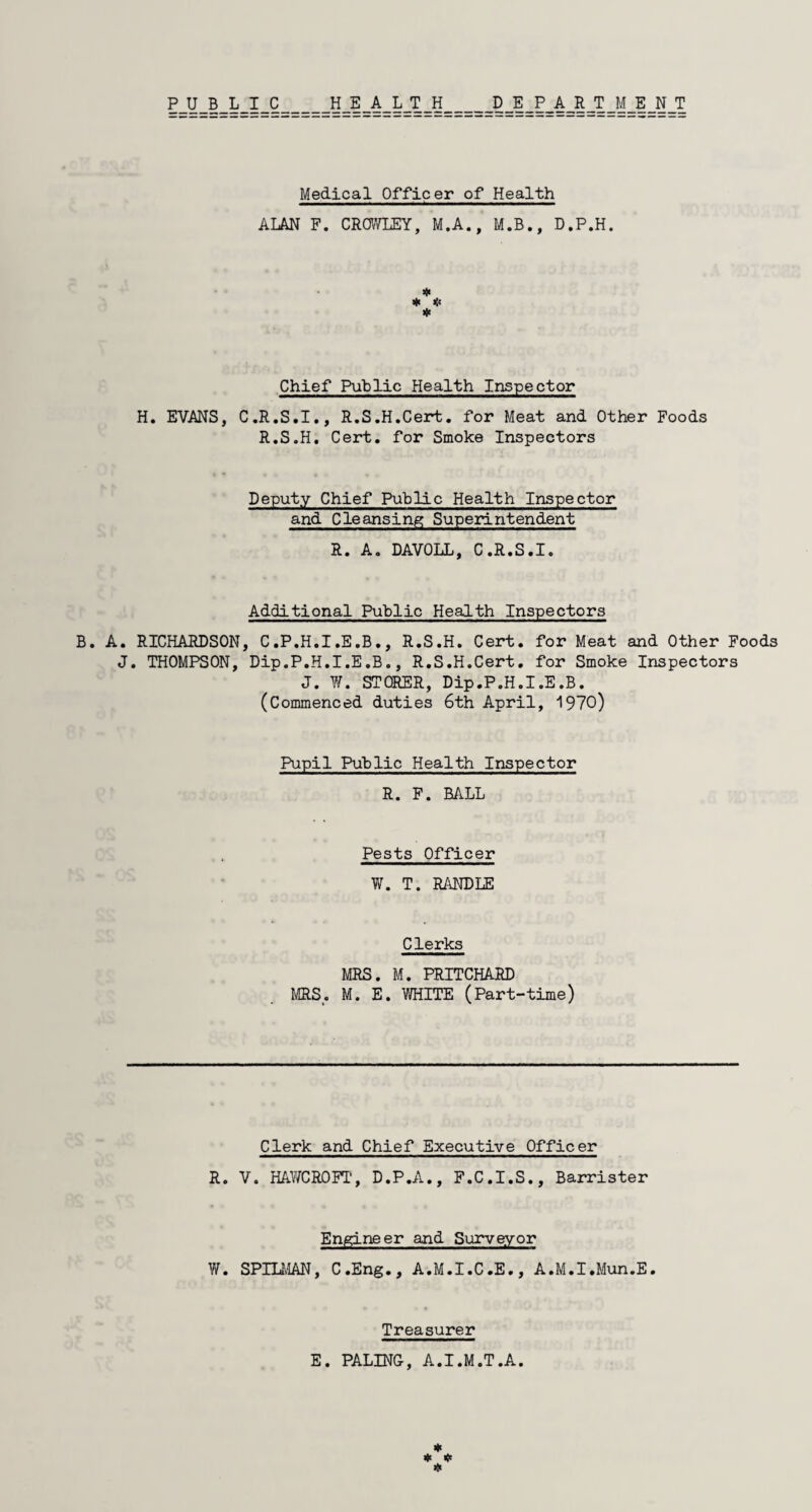 PUBLIC HEALTH DEPARTMENT Medical Officer of Health ALAN F. CROWLEY, M.A., M.B., D.P.H. * * * * Chief Public Health Inspector H. EVANS, C.R.S.I., R.S.H.Cert. for Meat and Other Foods R.S.H. Cert, for Smoke Inspectors Deputy Chief Public Health Inspector and Cleansing Superintendent R. A. DAVOLL, C.R.S.I. Additional Public Health Inspectors B. A. RICHARDSON, C.P.H.I.E.B., R.S.H. Cert, for Meat and Other Foods J. THOMPSON, Dip.P.H.I.E.B., R.S.H.Cert. for Smoke Inspectors J. W. STQRER, Dip.P.H.I.E.B. (Commenced duties 6th April, 1970) Pupil Public Health Inspector R. F. BALL Pests Officer W. T. RANDLE Clerks MRS. M. PRITCHARD MRS. M. E. WHITE (Part-time) Clerk and Chief Executive Officer R. V. HAWCROFT, D.P.A., F.C.I.S., Barrister Engineer and Surveyor W. SPILMAN, C.Eng., A.M.I.C.E., A.M.I.Mun.E. Treasurer E. PALING, A.I.M.T.A. * * * *