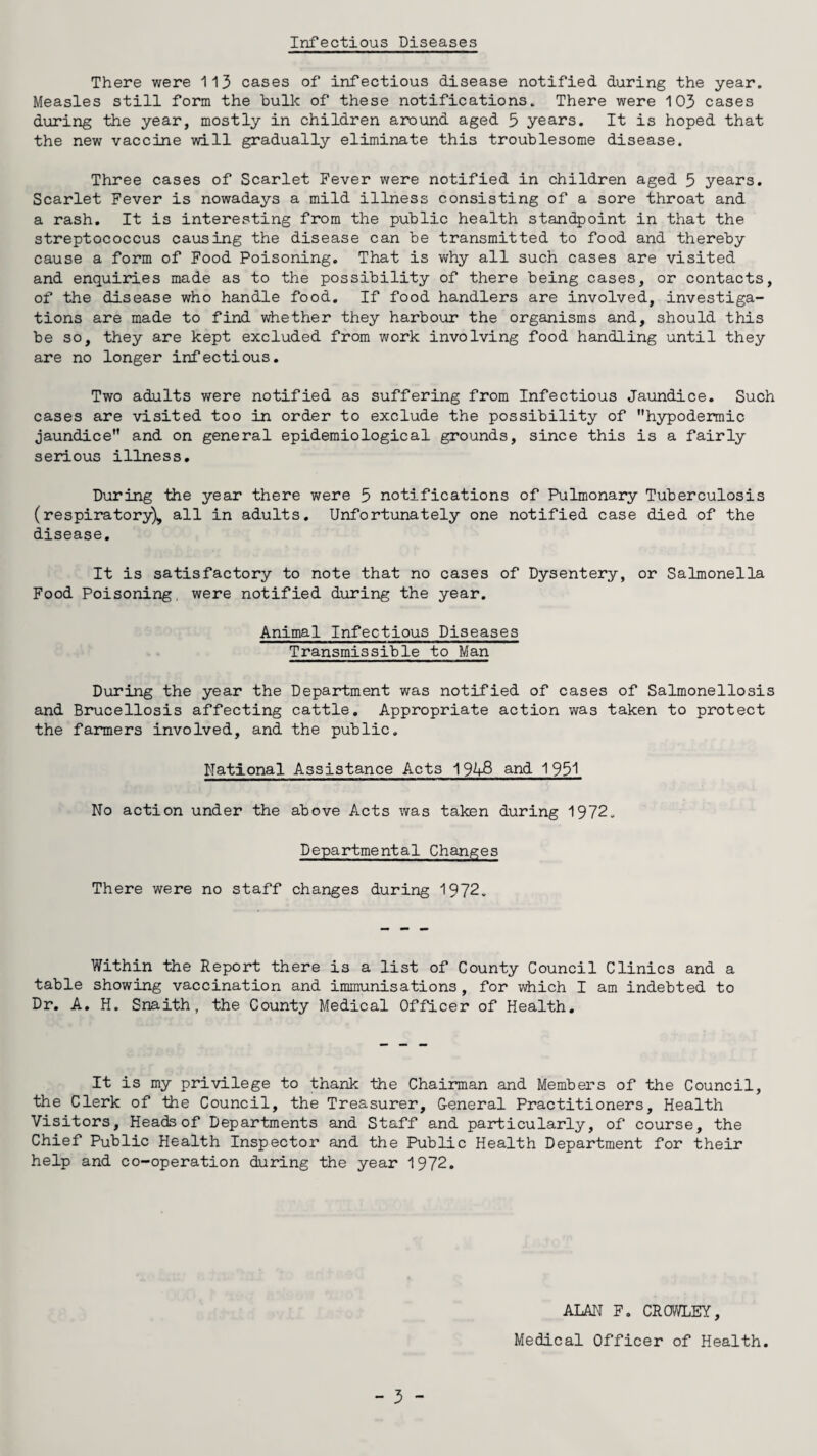 Infectious Diseases There were 113 cases of infectious disease notified during the year. Measles still form the bullc of these notifications. There were 103 cases during the year, mostly in children around aged 3 years. It is hoped that the new vaccine will gradually eliminate this troublesome disease. Three cases of Scarlet Fever were notified in children aged 5 years. Scarlet Fever is nowadays a mild illness consisting of a sore throat and a rash. It is interesting from the public health standpoint in that the streptococcus causing the disease can be transmitted to food and thereby cause a form of Food Poisoning. That is why all such cases are visited and enquiries made as to the possibility of there being cases, or contacts, of the disease who handle food. If food handlers are involved, investiga¬ tions are made to find whether they harbour the organisms and, should this be so, they are kept excluded from work involving food handling until they are no longer infectious. Two adults were notified as suffering from Infectious Jaundice. Such cases are visited too in order to exclude the possibility of hypodermic jaundice and on general epidemiological grounds, since this is a fairly serious illness. During the year there were 5 notifications of Pulmonary Tuberculosis (respiratory), all in adults. Unfortunately one notified case died of the disease. It is satisfactory to note that no cases of Dysentery, or Salmonella Food Poisoning, were notified during the year. Animal Infectious Diseases Transmissible to Man During the year the Department was notified of cases of Salmonellosis and Brucellosis affecting cattle. Appropriate action was taken to protect the farmers involved, and the public. National Assistance Acts 1948 and 1931 No action under the above Acts was taken during 1972. Departmental Changes There were no staff changes during 1972. Within the Report there is a list of County Council Clinics and a table showing vaccination and immunisations, for which I am indebted to Dr. A. H. Snaith, the County Medical Officer of Health. It is my privilege to thank the Chairman and Members of the Council, the Clerk of the Council, the Treasurer, General Practitioners, Health Visitors, Heads of Departments and Staff and particularly, of course, the Chief Public Health Inspector and the Public Health Department for their help and co-operation during the year 1972. ALAN F. CROWLEY, Medical Officer of Health.