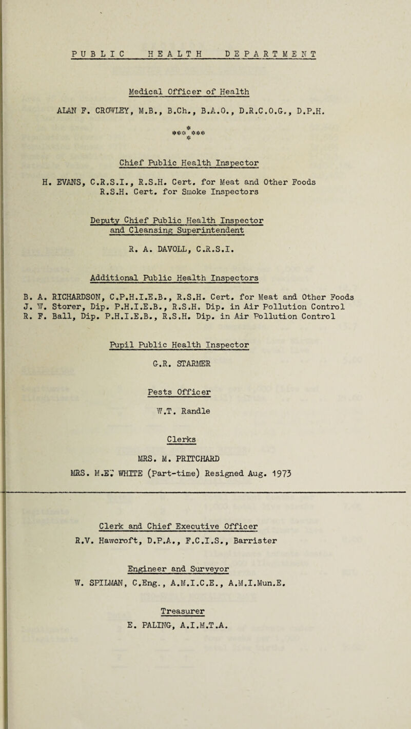 PUBLIC HEALTH DEPARTMENT Medical Officer of Health ALAN F. CROWLEY, M.B., B.Ch., B.A.O., D.R.C.O.G., D.P.H. * $$$ ❖ Chief Public Health Inspector H. EVANS, C.R.S.I., R.S.H. Cert, for Meat and Other Foods R.S.H. Cert, for Smoke Inspectors Deputy Chief Public Health Inspector and Cleansing Superintendent R, A. DAVOLL, C.R.S.I. Additional Public Health Inspectors B. A, RICHARDSON, C.P.H.I.E,B., R.S.H. Cert, for Meat and Other Foods J. W. Storer, Dip. P.H.I.E.B., R.S.H. Dip. in Air Pollution Control R. F. Ball, Dip. P.H.I.E.B., R.S.H. Dip. in Air Pollution Control Pupil Public Health Inspector C-.R. STARMER Pests Officer W.T. Randle Clerks MRS. M. PRITCHARD MRS. M.E'; WHITE (Part-time) Resigned Aug. 1973 Clerk and Chief Executive Officer R.V. Hawcroft, D.P.A., F.C.I.S., Barrister Engineer and Surveyor W. SPILMAN, C.Eng., A.M.I.C.E., A.M.I.Mun.E. Treasurer E. PALING, A.I.M.T.A.