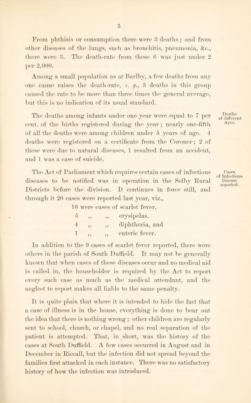 From phthisis or consumption there were 3 deaths ; and from other diseases of the lungs, such as bronchitis, pneumonia, &c., there were 3. The death-rate from these 6 was just under 2 per 2,000. Among a small population as at Barlby, a few deaths from any one cause raises the death-rate, e. g., 3 deaths in this group caused the rate to be more than three times the general average, but this is no indication of its usual standard. The deaths among infants under one year were equal to 7 per cent, of the births registered during the year ; nearly one-fifth of all the deaths were among children under 5 years of age. 4 deaths were registered on a certificate from the Coroner; 2 of these were due to natural diseases, 1 resulted from an accident, and 1 was a case of suicide. The Act of Parliament which requires certain cases of infectious diseases to be notified was in operation in the Selby Pural Districts before the division. It continues in force still, and through it 20 cases were reported last year, viz., 10 were cases of scarlet fever. 5 ,, ,, erysipelas. 4 ,, ,, diphtheria, and 1 ,, ,, enteric fever. In addition to the 9 cases of scarlet fever reported, there were others in the parish of South Duffield. It may not be generally known that when cases of these diseases occur and no medical aid is called in, the householder is required by the Act to report every such case as much as the medical attendant, and the neglect to report makes all liable to the same penalty. It is quite plain that where it is intended to hide the fact that a case of illness is in the house, everything is done to bear out the idea that there is nothing wrong ; other children are regularly sent to school, church, or chapel, and no real separation of the patient is attempted. That, in short, was the history of the cases at South Duffield. A few cases occurred in August and in December in Biccall, but the infection did not spread beyond the families first attacked in each instance. There was no satisfactory history of how the infection was introduced. Deaths at different Ages. Cases of Infectious Disease reported.