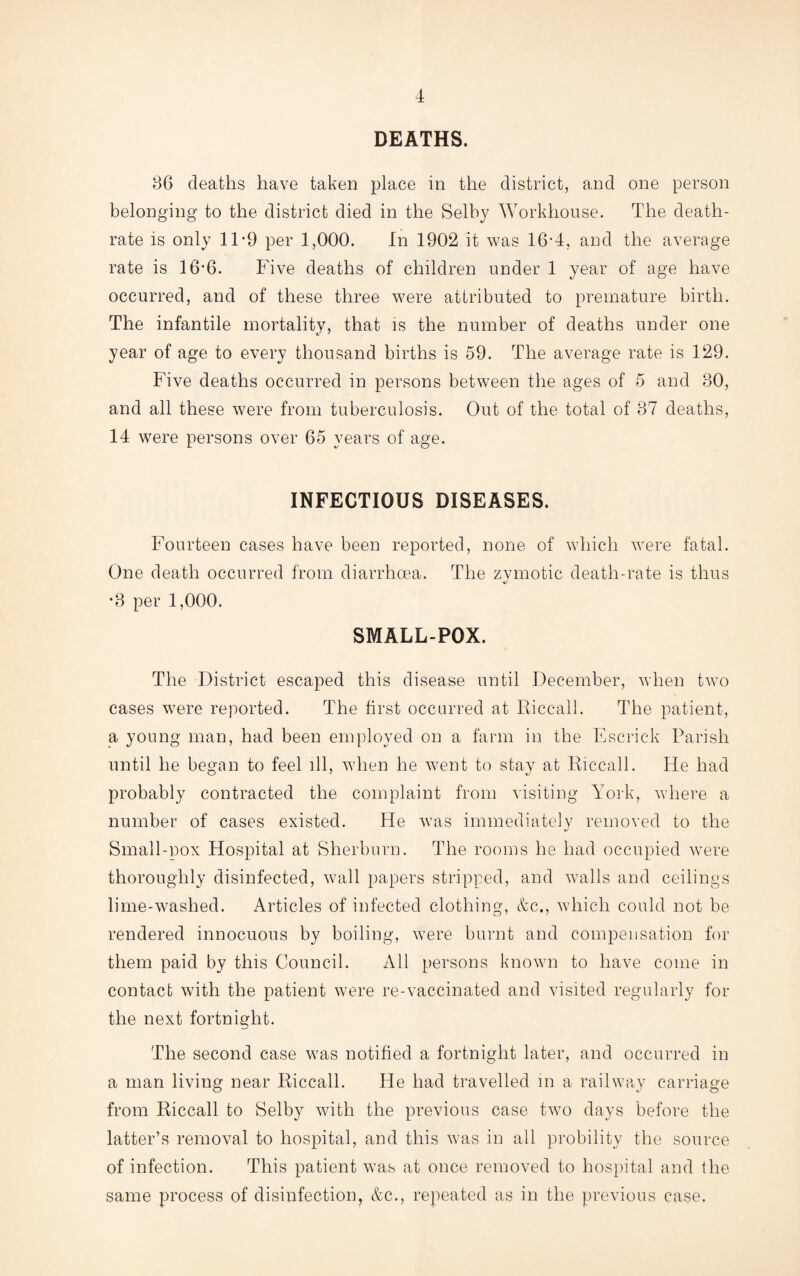 DEATHS. 86 deaths have taken place in the district, and one person belonging to the district died in the Selby Workhouse. The death- rate is only 11*9 per 1,000. In 1902 it was 16-4, and the average rate is 16-6. Five deaths of children under 1 year of age have occurred, and of these three were attributed to premature birth. The infantile mortality, that is the number of deaths under one year of age to every thousand births is 59. The average rate is 129. Five deaths occurred in persons between the ages of 5 and 80, and all these were from tuberculosis. Out of the total of 37 deaths, 14 were persons over 65 years of age. INFECTIOUS DISEASES. Fourteen cases have been reported, none of which were fatal. One death occurred from diarrhoea. The zymotic death-rate is thus *3 per 1,000. SMALL-POX. The District escaped this disease until December, when two cases were reported. The first occurred at Riccall. The patient, a young man, had been employed on a farm in the Escrick Parish until he began to feel ill, when he went to stay at Riccall. He had probably contracted the complaint from visiting York, where a number of cases existed. He was immediately removed to the Small-pox Hospital at Sherburn. The rooms he had occupied were thoroughly disinfected, wall papers stripped, and walls and ceilings lime-washed. Articles of infected clothing, &c., which could not be rendered innocuous by boiling, were burnt and compensation for them paid by this Council. All persons known to have come in contact with the patient were re-vaccinated and visited regularly for the next fortnight. The second case was notified a fortnight later, and occurred in a man living near Riccall. He had travelled in a railway carriage from Riccall to Selby with the previous case two days before the latter’s removal to hospital, and this was in all probility the source of infection. This patient was at once removed to hospital and the same process of disinfection, &c., repeated as in the previous case.