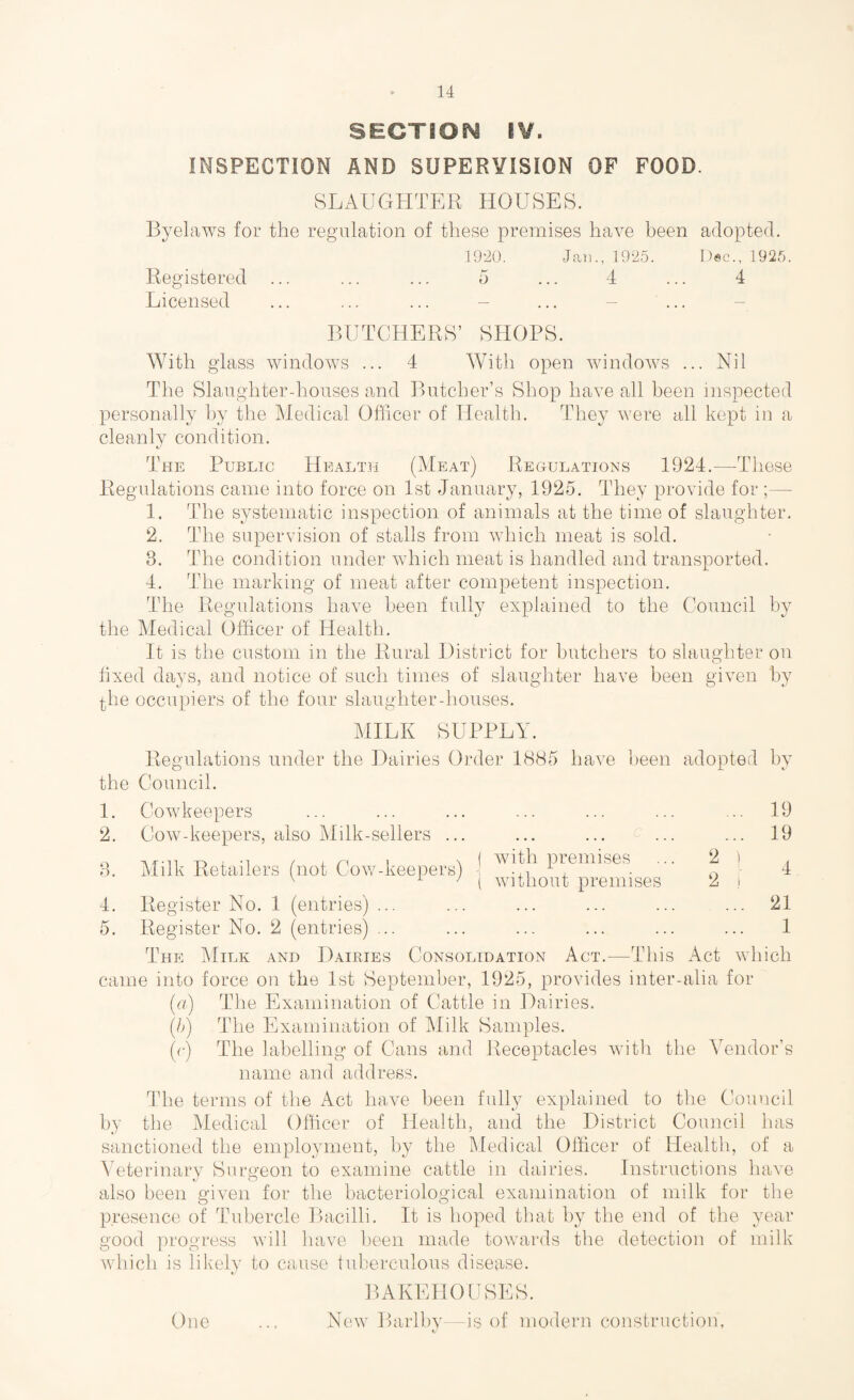 SECTIOISS iV. INSPECTION AND SUPERVISION OF FOOD. SLAUGHTER HOUSES. Byelaws for the regulation of these premises have been adopted. 1920. Jan., 1925. Dec., 1925. Registered ... ... ... 5 ... 4 ... 4 Licensed ... ... ... ~ ... ~ ... - BUTCHERS’ SHOPS. With glass windows ... 4 With open windows ... Nil The Slaughterdioiises and Butcher’s Shop have all been inspected personally by the Medical Officer of Health. They were all kept in a cleanly condition. The Public Health (Meat) Reoulations 1924.—These Regulations came into force on 1st January, 1925. They provide for ;— 1. The systematic inspection of animals at the time of slaughter. 2. The supervision of stalls from which meat is sold. 3. The condition under which meat is handled and transported. 4. The marking of meat after competent inspection. The Regulations have been fully explained to the Council by the Medical Officer of Health. It is the custom in the Rural District for butchers to slaughter on hxed days, and notice of such times of slaughter have been given by ^he occupiers of the four slaughter-houses. MILK SUPPLY. Regulations under the Dairies Order 1885 have been adopted by the Council. 1. Cowkeepers 2. Cow-keepers, also Milk-sellers ... 3. Milk Retailers (not Cov/-keepers) 4. Register No. 1 (entries) ... 5. Register No. 2 (entries) ... with premises without premises 19 19 21 1 The jMilk and Dairies Consolidation Act.—This Act which came into force on the 1st September, 1925, provides inter-alia for (n) The Examination of Cattle in Dairies. (h) The Examination of Milk Samples. (r) The labelling of Cans and Receptacles with the Vendor’s name and address. ITie terms of the Act have been fully explained to the C-oiincil by the Medical Officer of Health, and the District Council has sanctioned the employment, by the Medical Officer of Health, of a A’eterinary Surgeon to examine cattle in dairies. Instructions have also been given for the bacteriological examination of milk for the presence of Tubercle Bacilli. It is hoped that by the end of the year good progress will have been made towards the detection of milk which is likely to cause tuberculous disease. BAKEHOUSES. New Barlliv -is of modern construction, c One