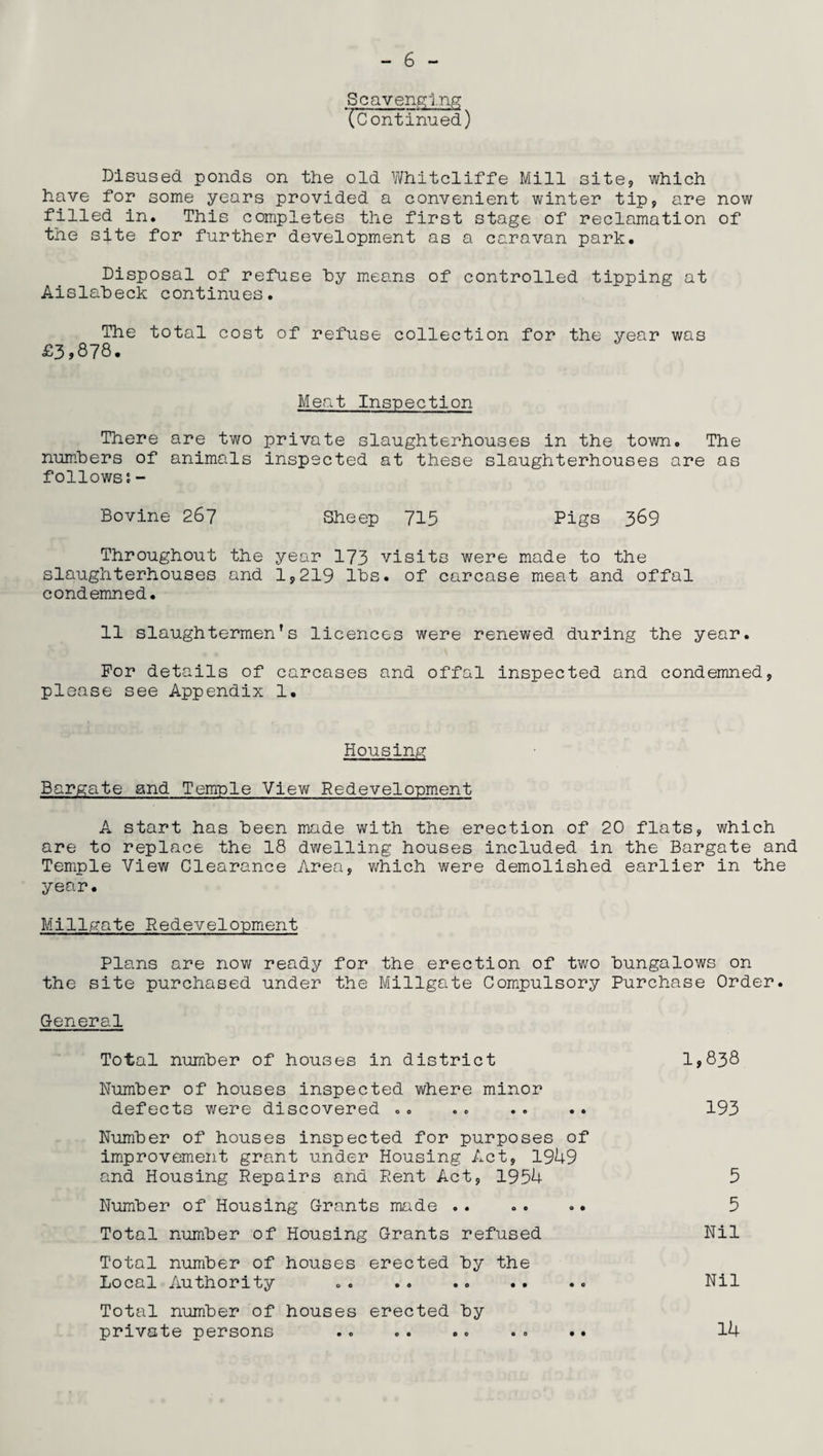 Scavenging (Continued) Disused ponds on the old Whitcliffe Mill site, which have for some years provided a convenient winter tip, are now filled in. This completes the first stage of reclamation of the site for further development as a caravan park. Disposal of refuse by means of controlled tipping at Aislaheck continues. The total cost of refuse collection for the year was £3,878. Meat Inspection There are two private slaughterhouses in the town. The numbers of animals inspected at these slaughterhouses are as follows;- Bovine 267 Sheep 715 Pigs 389 Throughout the year 173 visits were made to the slaughterhouses and 1,219 lbs. of carcase meat and offal condemned. 11 slaughtermen's licences were renewed during the year. For details of carcases and offal inspected and condemned, please see Appendix 1. Housing Bargate and Temple View Redevelopment A start has been made with the erection of 20 flats, which are to replace the 18 dwelling houses included in the Bargate and Temple View Clearance Area, which were demolished earlier in the year. Millgate Redevelopment Plans are now ready for the erection of two bungalows on the site purchased under the Millgate Compulsory Purchase Order. General Total number of houses in district 1,838 Number of houses inspected where minor defects were discovered .. .. .. .. 193 Number of houses inspected for purposes of improvement grant under Housing Act, 1949 and Housing Repairs and Rent Act, 1954 5 Number of Housing Grants made . 5 Total number of Housing Grants refused Nil Total number of houses erected by the Local Authority .. Nil Total number of houses erected by private persons .. .. .. .. .. 14
