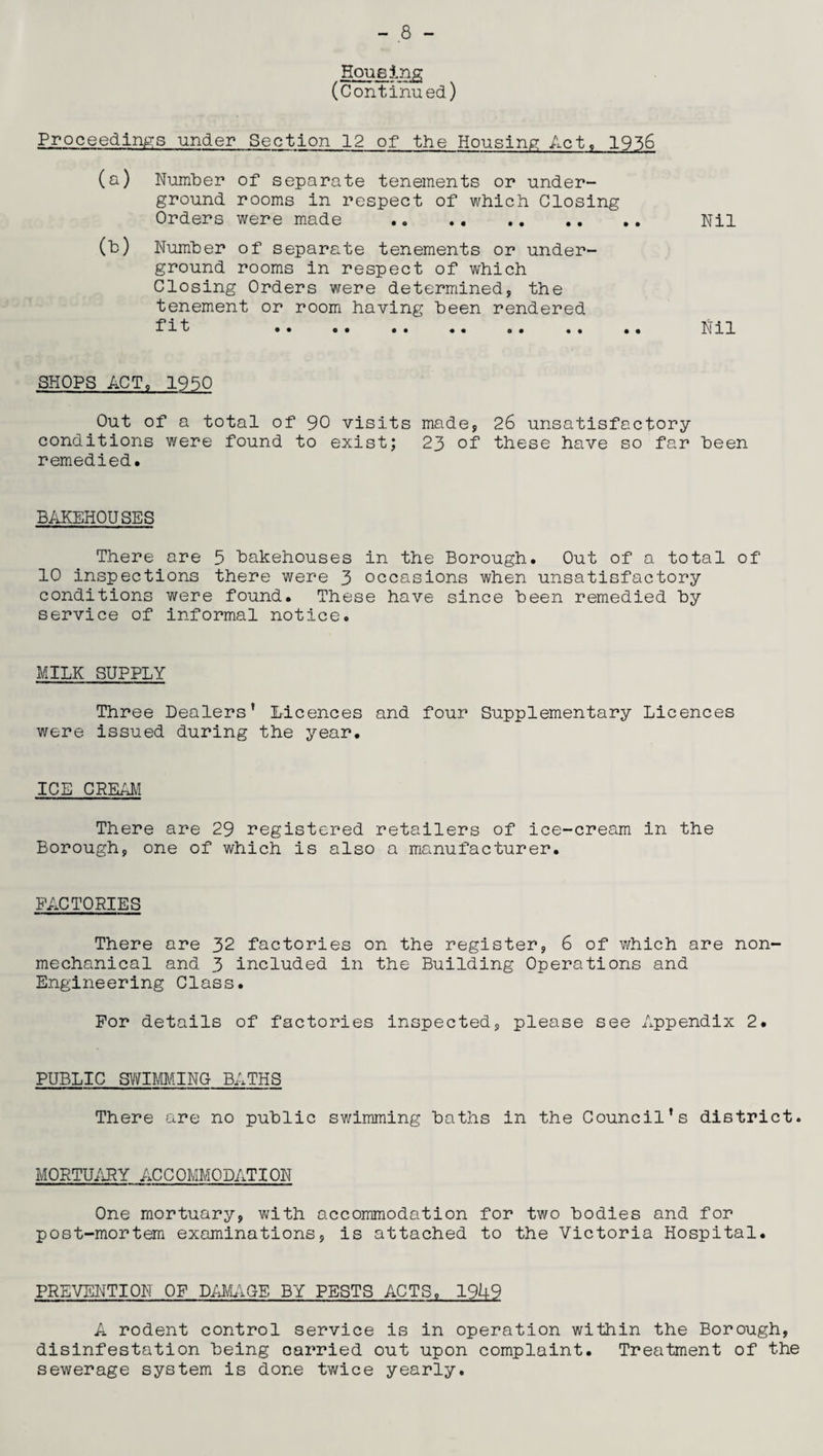 Housing (Continued) Proceedings under Section 12 of the Housing Act, 1956 (a) Number of separate tenements or under¬ ground rooms in respect of which Closing Orders were made •. . Nil (b) Number of separate tenements or under¬ ground rooms in respect of which Closing Orders were determined, the tenement or room having been rendered fit . Nil SHOPS ACT, 1950 Out of a total of 90 visits made, 26 unsatisfactory conditions were found to exist; 23 of these have so far been remedied. BAKEHOUSES There are 5 bakehouses in the Borough. Out of a total of 10 inspections there were 3 occasions when unsatisfactory conditions were found. These have since been remedied by service of informal notice. MILK SUPPLY Three Dealers' Licences and four Supplementary Licences were issued during the year. ICE CREAM There are 29 registered retailers of ice-cream in the Borough, one of which is also a manufacturer. FACTORIES There are 32 factories on the register, 6 of which are non¬ mechanical and 3 included in the Building Operations and Engineering Class. For details of factories inspected, please see Appendix 2. PUBLIC SWIMMING BATHS There are no public swimming baths in the Council's district. MORTUARY ACCOMMODATION One mortuary, with accommodation for two bodies and for post-mortem examinations, is attached to the Victoria Hospital. PREVENTION OF DAMAGE BY PESTS ACTS. 1949 A rodent control service is in operation within the Borough, disinfestation being carried out upon complaint. Treatment of the sewerage system is done twice yearly.