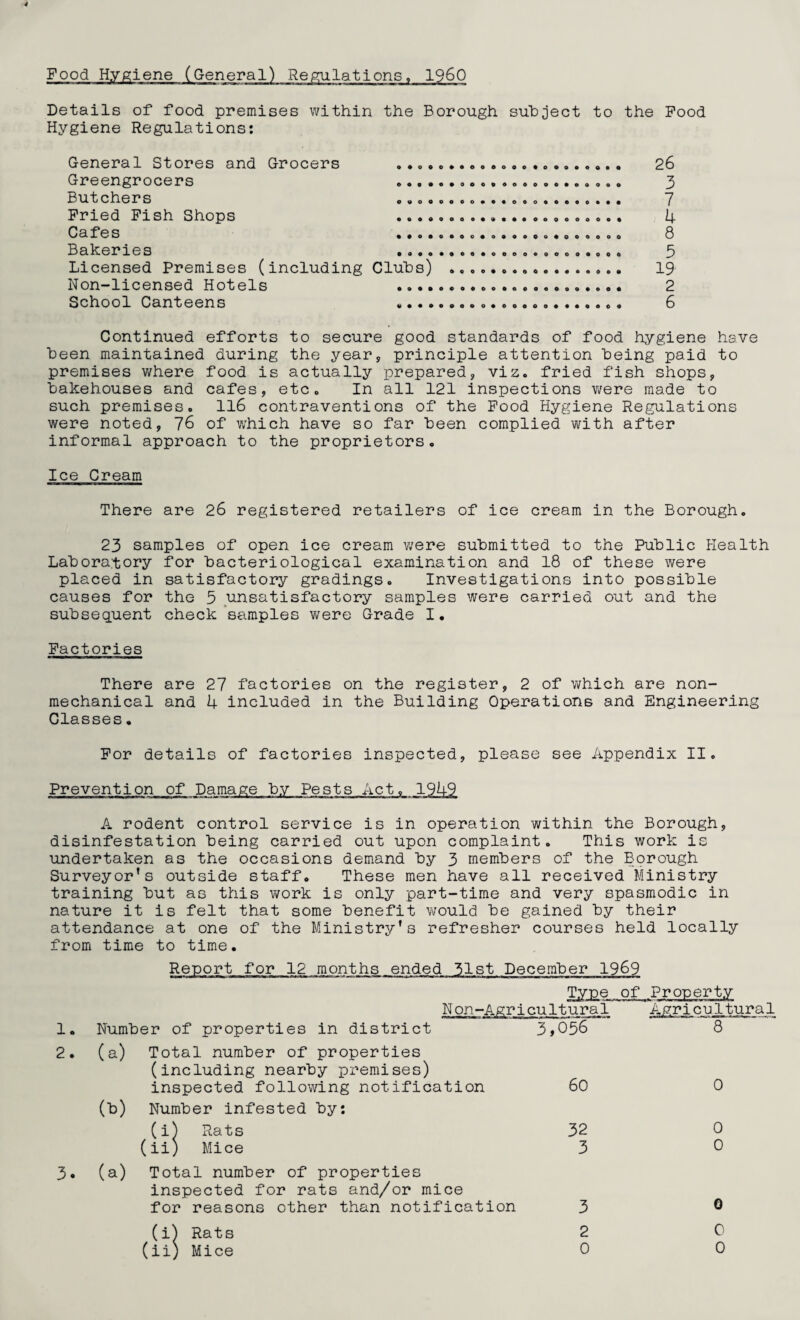 Food Hygiene (General) Repiulations. I960 Details of food premises within the Borough suhoect to the Pood Hygiene Regulations: General Stores and Grocers .. ......... 26 Greengrocers 3 Butchers 7 Pried Pish Shops 14- Cafes 8 Bakeries 5 Licensed Premises (including Cluhs) . 19 Non-licensed Hotels 2 School Canteens 6 Continued efforts to secure good standards of food hygiene have heen maintained during the year, principle attention Being paid to premises where food is actually prepared, viz. fried fish shops. Bakehouses and cafes, etc. In all 121 inspections v/ere made to such premises. II6 contraventions of the Pood Hygiene Regulations were noted, 76 of which have so far Been complied with after informal approach to the proprietors. Ice Cream There are 26 registered retailers of ice cream in the Borough. 23 samples of open ice cream v/ere suBmitted to the PuBlic Health LaBoratory for Bacteriological examination and 18 of these were placed in satisfactory gradings. Investigations into possible causes for the 5 unsatisfactory samples were carried out and the subsequent check'samples were Grade I. Factories There are 27 factories on the register, 2 of which are non- mechanical and 4 included in the Building Operations and Engineering Glasses, For details of factories inspected, please see Appendix II. Prevention of Damage By Pests Act. 1949 A rodent control service is in operation within the Borough, disinfestation Being carried out upon complaint. This work is undertaken as tiie occasions demand By 3 members of the Borough Surveyor’s outside staff. These men have all received Ministry training But as this work is only part-time and very spasmodic in nature it is felt that some Benefit would Be gained By their attendance at one of the Ministry’s refresher courses held locally from time to time. 1. 2. 3. Report for 12 months ended 31st December 1969 Type of Non-Agricultural Property Agricultural Number of properties in district 3 ,056 8 (a) Total number of properties (including nearby premises) inspected following notification 60 0 (15) Number infested By: (i) Rats 32 0 (ii) Mice 3 0 (a) Total number of properties inspected for rats and/or mice for reasons other than notification 3 0 (i^ Rats 2 0