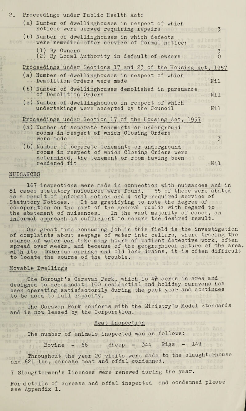 2. Proceedings under Public Health Act: (a) Humber of dwellinghouses in respect of which (b) Number of dwellinghouses in which defects were remedied after service of formal notice: (l) By Owners (2) By Local Authority in default of owners 6 Proceedings under Sections 17 and 23 of the Housing Act, 1937 (a) Number of dwellinghouses in respect of which Demolition Orders were made Nil (b) Number of dwellinghouses demolished in pursuance of Demolition Orders Nil (c) Number of dwellinghouses in respect of which undertakings were accepted by the Council Nil Proceedings under Section 17 of the Housing Act, 1957 (a) Number of separate tenements or underground rooms in respect of which Closing Orders were made 3 (b) Number of separate tenements or underground rooms in respect of which Closing Orders were determined, the tenement or room having been rendered fit Nil nuisances 167 inspections were made in connection with nuisances and in 81 cases statutory nuisances were found. 55 of these were abated as a result of informal action and 4 only required service of Statutory Notices. It is gratifying to note the degree of co-operation on the part of the general public with regard to the abatement of nuisances. In the vast majority of cases, an informal approach is sufficient to secure the desired result. One great time consuming job in this field is the investigation of complaints about seepage of water into cellars, where tracing the source of water can take many hours of patient detective work, often spread over weeks, and because of the geographical nature of the area, with its nucErous springs and old land drains, it is often difficult to locate the source of the trouble. Movable Dwellings The Borough’s Caravan Park, which is acres in area and designed to accommodate 100 residential and holiday caravans has been operating satisfactorily during the past year and continues to be used to full capacity. The Caravan Park conforms vvith the Ministry’s Model Standards and is now leased by the Corporation. Meat Inspection The number of animals inspected was as follows: Bovine - 66 Sheep - 344 Pigs - 149 Throughout the year 20 visits were made to the slaughterhouse and 621 lbs. carcase meat and offal condemned. 7 Slaughtermen's Licences were renewed during the year, Por d etails of carcase and offal inspected and condemned please see Appendix 1.