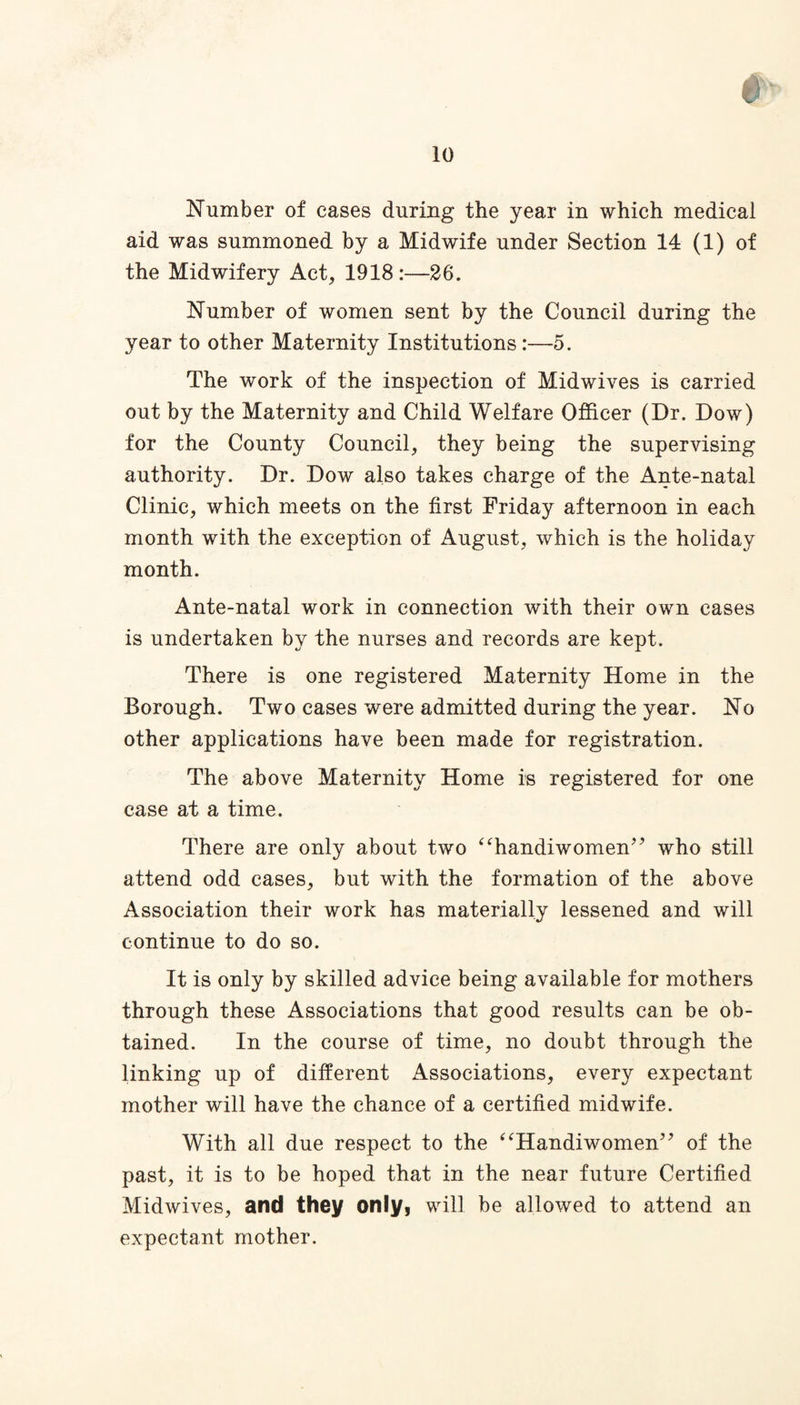 Number of cases during the year in which medical aid was summoned by a Midwife under Section 14 (1) of the Midwifery Act, 1918:—26. Number of women sent by the Council during the year to other Maternity Institutions:—5. The work of the inspection of Midwives is carried out by the Maternity and Child Welfare Officer (Dr. Dow) for the County Council, they being the supervising authority. Dr. Dow also takes charge of the Ante-natal Clinic, which meets on the first Friday afternoon in each month with the exception of August, which is the holiday month. Ante-natal work in connection with their own cases is undertaken by the nurses and records are kept. There is one registered Maternity Home in the Borough. Two cases were admitted during the year. No other applications have been made for registration. The above Maternity Home is registered for one case at a time. There are only about two “handiwomen” who still attend odd cases, but with the formation of the above Association their work has materially lessened and will continue to do so. It is only by skilled advice being available for mothers through these Associations that good results can be ob¬ tained. In the course of time, no doubt through the linking up of different Associations, every expectant mother will have the chance of a certified midwife. With all due respect to the “Handiwomen” of the past, it is to be hoped that in the near future Certified Midwives, and they only, will be allowed to attend an expectant mother.