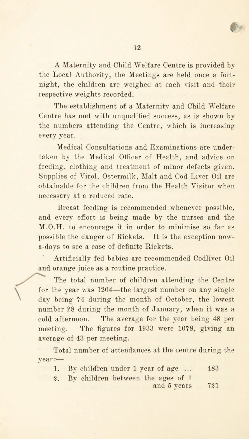 A Maternity and Child Welfare Centre is provided by the Local Authority, the Meetings are held once a fort¬ night, the children are weighed at each visit and their respective weights recorded. The establishment of a Maternity and Child Welfare Centre has met with unqualified success, as is shown by the numbers attending the Centre, which is increasing every year. Medical Consultations and Examinations are under¬ taken by the Medical Officer of Health, and advice on feeding, clothing and treatment of minor defects given. Supplies of Virol, Ostermilk, Malt and Cod Liver Oil are obtainable for the children from the Health Visitor when necessary at a reduced rate. Breast feeding is recommended whenever possible, and every effort is being made by the nurses and the M.O.H. to encourage it in order to minimise so far as possible the danger of Rickets. It is the exception now- a-days to see a case of definite Rickets. Artificially fed babies are recommended Codliver Oil and orange juice as a routine practice. The total number of children attending the Centre for the year was 1204—the largest number on any single day being 74 during the month of October, the lowest number 28 during the month of January, when it was a cold afternoon. The average for the year being 48 per meeting. The figures for 1933 were 1078, giving an average of 43 per meeting. Total number of attendances at the centre during the year:— 1. By children under 1 year of age .... 483 2. By children between the ages of 1 and 5 years 721