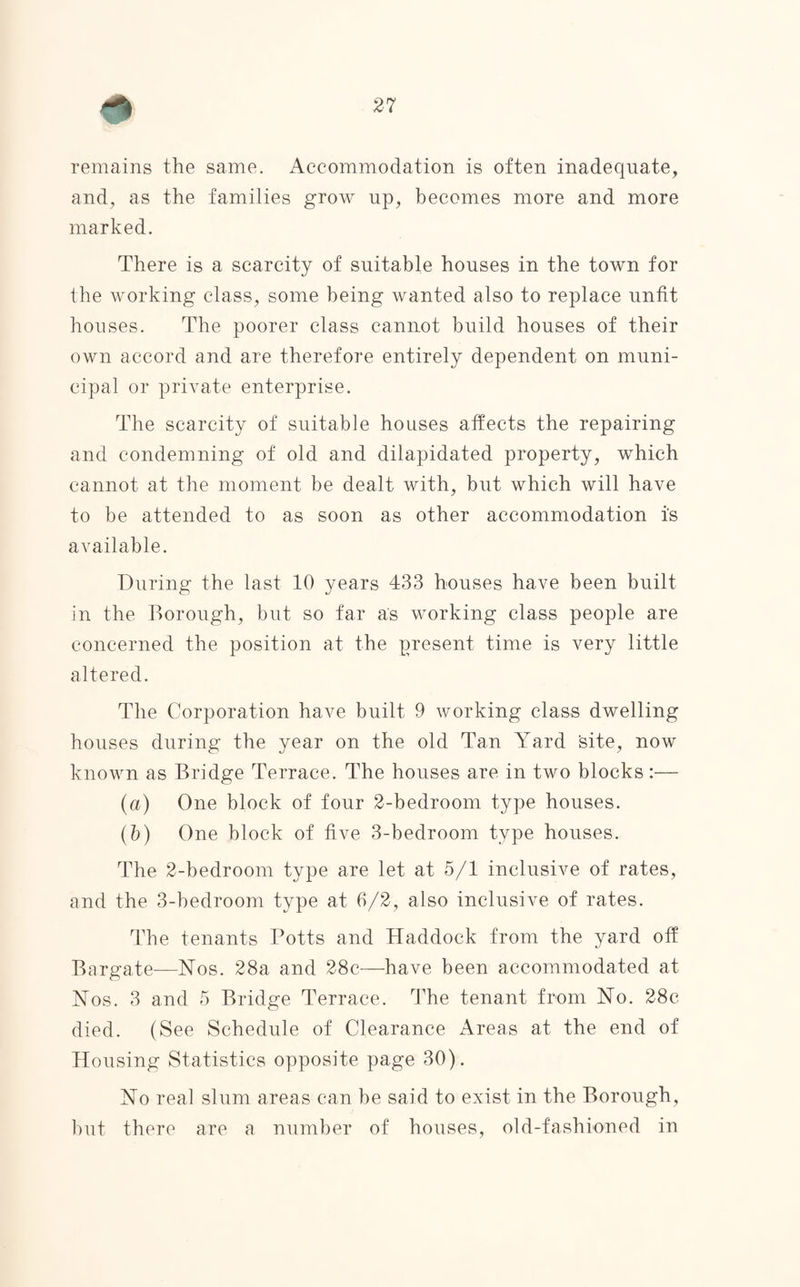 remains the same. Accommodation is often inadequate, and, as the families grow up, becomes more and more marked. There is a scarcity of suitable houses in the town for the working class, some being wanted also to replace unfit houses. The poorer class cannot build houses of their own accord and are therefore entirely dependent on muni¬ cipal or private enterprise. The scarcity of suitable houses affects the repairing and condemning of old and dilapidated property, which cannot at the moment be dealt with, but which will have to be attended to as soon as other accommodation i's available. During the last 10 years 433 houses have been built in the Borough, but so far as working class people are concerned the position at the present time is very little altered. The Corporation have built 9 working class dwelling houses during the year on the old Tan Yard site, now known as Bridge Terrace. The houses are in two blocks:— (a) One block of four 2-bedroom type houses. (b) One block of five 3-bedroom type houses. The 2-bedroom type are let at 5/1 inclusive of rates, and the 3-bedroom type at 6/2, also inclusive of rates. The tenants Potts and Haddock from the yard off Bargate—Nos. 28a and 28c—have been accommodated at Nos. 3 and 5 Bridge Terrace. The tenant from No. 28c died. (See Schedule of Clearance Areas at the end of Housing Statistics opposite page 30). No real slum areas can be said to exist in the Borough, but there are a number of houses, old-fashioned in