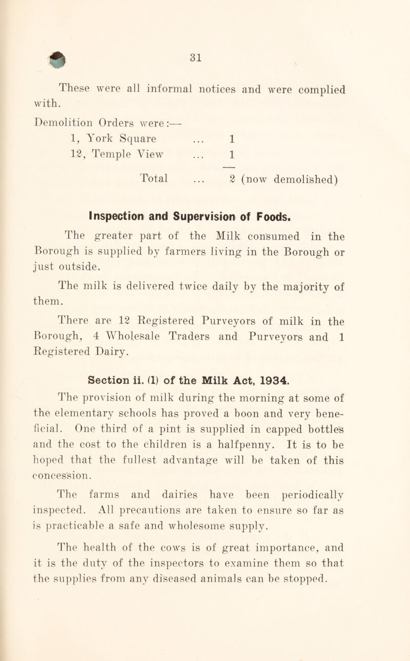 v These were all informal notices and were complied with. Demolition Orders were :— 1, York Square 1 12, Temple View 1 Total 2 (now demolished) Inspection and Supervision of Foods. The greater part of the Milk consumed in the Borough is supplied by farmers living in the Borough or just outside. The milk is delivered twice daily by the majority of them. There are 12 Registered Purveyors of milk in the Borough, 4 Wholesale Traders and Purveyors and 1 Registered Dairy. Section ii. (1) of the Milk Act, 1934. The provision of milk during the morning at some of the elementary schools has proved a boon and very bene¬ ficial. One third of a pint is supplied in capped bottles and the cost to the children is a halfpenny. It is to be hoped that the fullest advantage will be taken of this con cession. The farms and dairies have been periodically inspected. All precautions are taken to ensure so far as is practicable a safe and wholesome supply. The health of the cows is of great importance, and it is the duty of the inspectors to examine them so that the supplies from any diseased animals can he stopped.