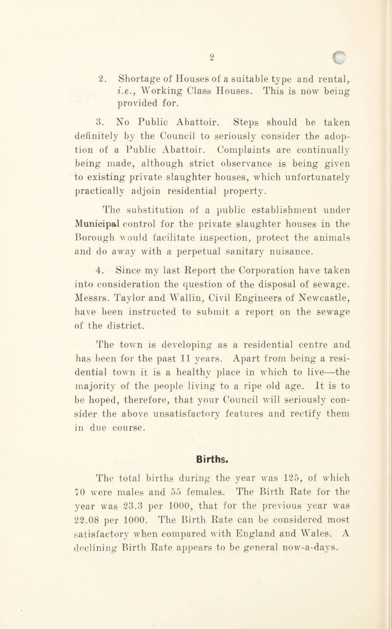 2. Shortage of Houses of a suitable type and rental, i.e., AVor king Class Houses. This is now being provided for. 3. No Public Abattoir. Steps should be taken definitely by the Council to seriously consider the adop¬ tion of a Public Abattoir. Complaints are continually being made, although strict observance is being given to existing private slaughter houses, which unfortunately practically adjoin residential property. The substitution of a public establishment under Municipal control for the private slaughter houses in the Borough would facilitate inspection, protect the animals and do away with a perpetual sanitary nuisance. 4. Since my last Report the Corporation have taken into consideration the question of the disposal of sewage. Messrs. Taylor and AVallin, Civil Engineers of Newcastle, have been instructed to submit a report on the sewage of the district. The town is developing as a residential centre and has been for the past 11 years. Apart from being a resi¬ dential town it is a healthy place in which to live—the majority of the people living to a ripe old age. It is to be hoped, therefore, that your Council will seriously con¬ sider the above unsatisfactory features and rectify them in due course. Births. The total births during the year was 125, of which 10 were males and 55 females. The Birth Rate for the year was 23.3 per 1000, that for the previous year was 22.08 per 1000. The Birth Rate can be considered most satisfactory when compared with England and Wales-. A declining Birth Rate appears to be general now-a-days.