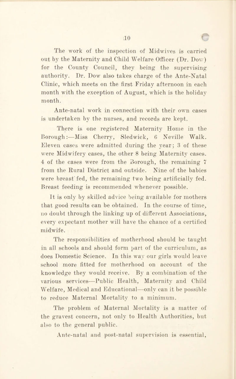 The work of the inspection of Midwives is carried out by the Maternity and Child Welfare Officer (Dr. Dow) for the County Council, they being the supervising authority. Dr. Dow also takes charge of the Ante-Natal Clinic, which meets on the first Friday afternoon in each month with the exception of August, which is the holiday month. Ante-natal work in connection with their own cases is undertaken by the nurses, and records are kept. There is one registered Maternity Home in the Borough:—Miss Cherry, Sledwick, 6 Neville Walk. Eleven cases were admitted during the year ; 3 of these were Midwifery cases, the other 8 being Maternity cases. 4 of the cases were from the Borough, the remaining 7 from the Rural District and outside. Nine of the babies were breast fed, the remaining two being artificially fed. Breast feeding is recommended whenever possible. It is only by skilled advice being available for mothers that good results can be obtained. In the course of time, no doubt through the linking up of different Associations, every expectant mother will have the chance of a certified midwife. The responsibilities of motherhood should be taught in all schools and should form part of the curriculum, as does Domestic Science. In this way our girls would leave school more fitted for motherhood on account of the knowledge they would receive. By a combination of the various services—Public Health, Maternity and Child Welfare, Medical and Educational—only can it he possible to reduce Maternal Mortality to a minimum. The problem of Maternal Mortality is a matter of the gravest concern, not only to Health Authorities, hut also to the general public. Ante-natal and post-natal supervision is essential,