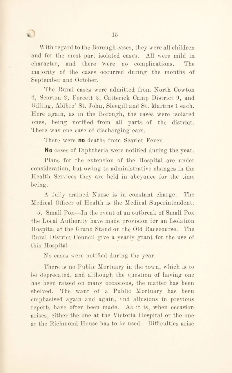 With regard to the Borough oases, they were all children and for the most part isolated cases. All were mild in character, and there ’were no complications. The majority of the cases occurred during the months of September and October. The Rural cases were admitted from North Cofwton 4, Scorton 2, Forcett 2, Catterick Camp District 9, and Gilling, Aldbro' St. John, Sleegill and St. Martins 1 each. Here again, as in the Borough, the cases were isolated ones, being notified from all parts of the district. There was one case of discharging ear's. There were no deaths from Scarlet Fever. No cases of Diphtheria were notified during the year. Plans for the extension of the Hospital are under consideration, but owing to administrative changes in the Health Services they are held in abeyance for the time being. A fully trained Nurse is in constant charge. The Medical Officer of Health is the Medical Superintendent. 5. Small Pox—In the event of an outbreak of Small Pox the Local Authority have made provision for an Isolation Hospital at the Grand Stand on the Old Racecourse. The Rural District Council give a yearly grant for the use of this Hospital. No cases were notified during the year. There is no Public Mortuary in the town, which is to be deprecated, and although the question of having one has been raised on many occasions, the matter has been shelved. The want of a Public Mortuary has been emphasised again and again, mid allusions in previous reports have often been made. As it is, when occasion arises, either the one at the Victoria Hospital or the one at the Richmond House has to he used. Difficulties arise