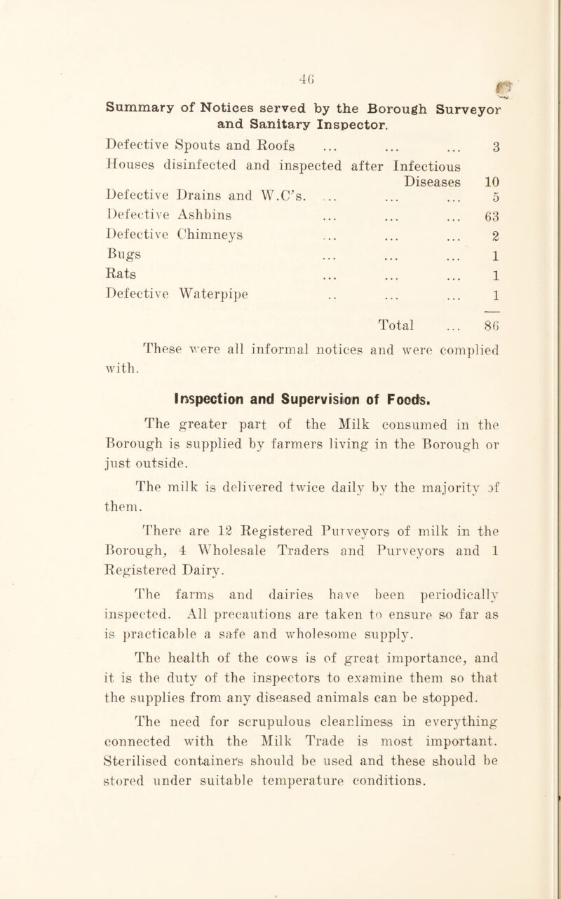 Summary of Notices served by the Borough Surveyor and Sanitary Inspector. Defective Spouts and Roofs ... ... ... 3 Houses disinfected and inspected after Infectious Diseases 10 Defective Drains and W.CTs. ... ... ... 5 Defective Ashbins ... ... ... 63 Defective Chimneys ... ... ... 2 Bugs ... ... ... i Rats ... ... ... l Defective Waterpipe .. ... ... l Total 86 These were all informal notices and were complied with. Inspection and Supervision of Foods. The greater part of the Milk consumed in the Borough is supplied by farmers living in the Borough or just outside. The milk is delivered twice daily by the majority of them. 'There are 12 Registered Purveyors of milk in the Borough^ 4 Wholesale Traders and Purveyors and 1 Registered Dairy. The farms and dairies have been periodically inspected. All precautions are taken to ensure so far as is practicable a safe and wholesome supply. The health of the cows is of great importance, and it is the duty of the inspectors to examine them so that the supplies from any diseased animals can be stopped. The need for scrupulous cleanliness in everything connected with the Milk Trade is most important. Sterilised containers should be used and these should be stored under suitable temperature conditions.