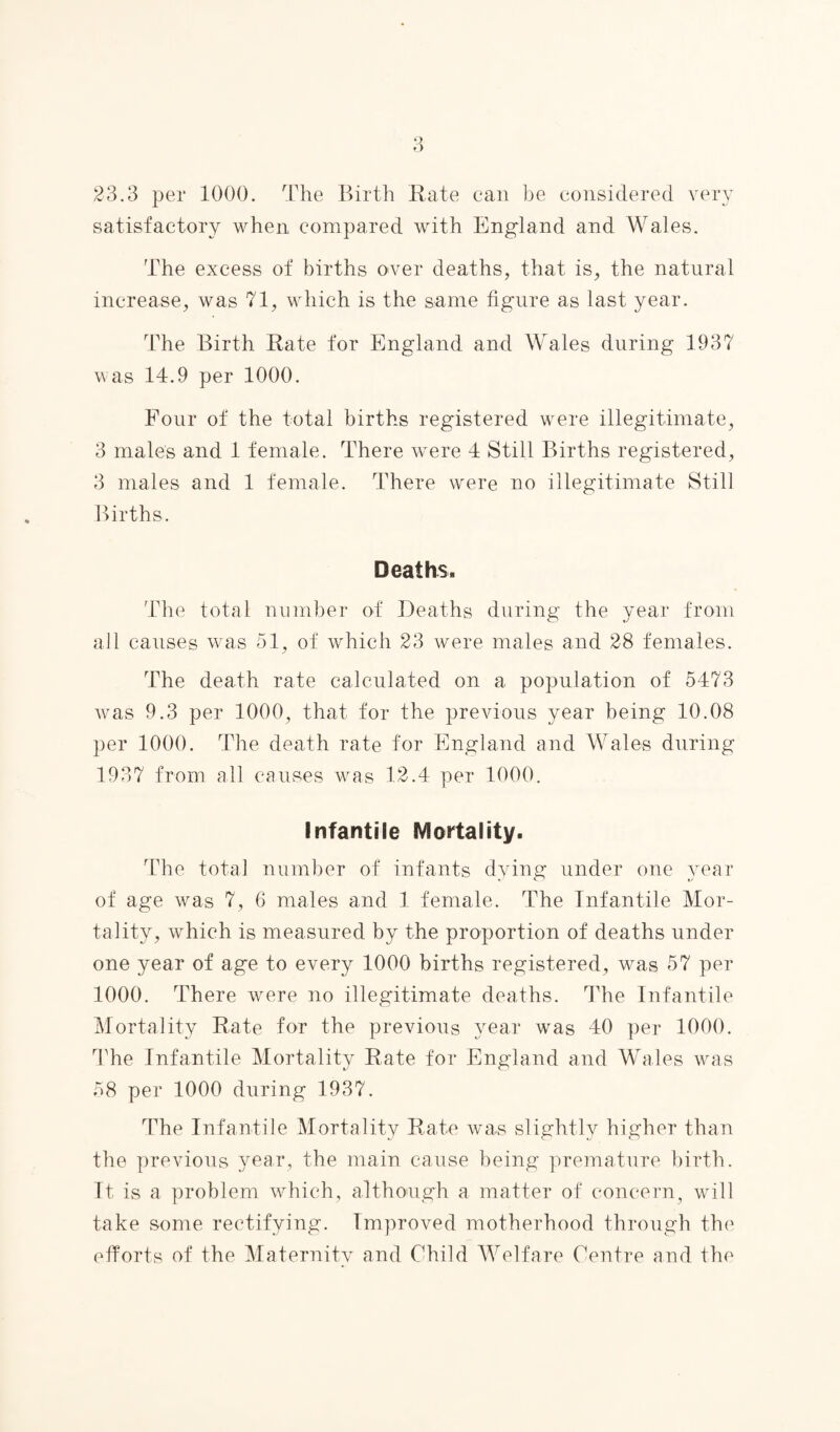 23.3 per 1000. The Birth Rate can be considered very satisfactory when compared with England and Wales. The excess of births over deaths, that is, the natural increase, was 71, which is the same figure as last year. The Birth Rate for England and Wales during 1937 was 14.9 per 1000. Four of the total births registered were illegitimate, 3 males and 1 female. There were 4 Still Births registered, 3 males and 1 female. There were no illegitimate Still Births. Deaths. The total number of Deaths during the year from all causes was 51, of which 23 were males and 28 females. The death rate calculated on a population of 5473 was 9.3 per 1000, that for the previous year being 10.08 per 1000. The death rate for England and Wales during 1937 from all causes was 12.4 per 1000. Infantile Mortality. The total number of infants dying under one year of age was 7, 6 males and 1 female. The Infantile Mor¬ tality, which is measured by the proportion of deaths under one year of age to every 1000 births registered, was 57 per 1000. There were no illegitimate deaths. The Infantile Mortality Rate for the previous year was 40 per 1000. The Infantile Mortality Rate for England and Wales was 58 per 1000 during 1937. The Infantile Mortality Rate was slightly higher than the previous year, the main cause being premature birth. It is a problem which, although a matter of concern, will take some rectifying. Improved motherhood through the efforts of the Maternity and Child Welfare Centre and the