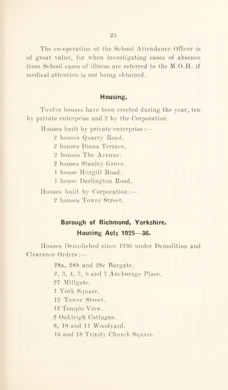 The co-operation of the School Attendance Officer is of great value, for when investigating cases of absence from School cases of illness are referred to the M.O.H. if medical attention is not being obtained. Housing. Twelve houses have been erected during the year, ten by private enterprise and 2 by the Corporation. Houses built by private enterprise :— 2 houses Quarry Road. 2 houses Diana Terrace. 2 houses The Avenue. 2 houses Stanley Grove. 1 house Hurgill Road. 1 house Darlington Road. Houses built by Corporation:— 2 houses Tower Street. Borough of Richmond, Yorkshire. Housing Acts 1925—36. Houses Demolished since 1936 under Demolition and Clearance Orders:— 28a, 28b and 28c Bargate. 2, 3, 4, 5, 6 and 7 Anchorage Place. 27 Mi ligate. 1 York Square. 12 Tower Street. 12 Temple View. 2 Oakleigh Cottages. 8, 10 and 11 Woodyard. 16 and 18 Trinity Church Square.