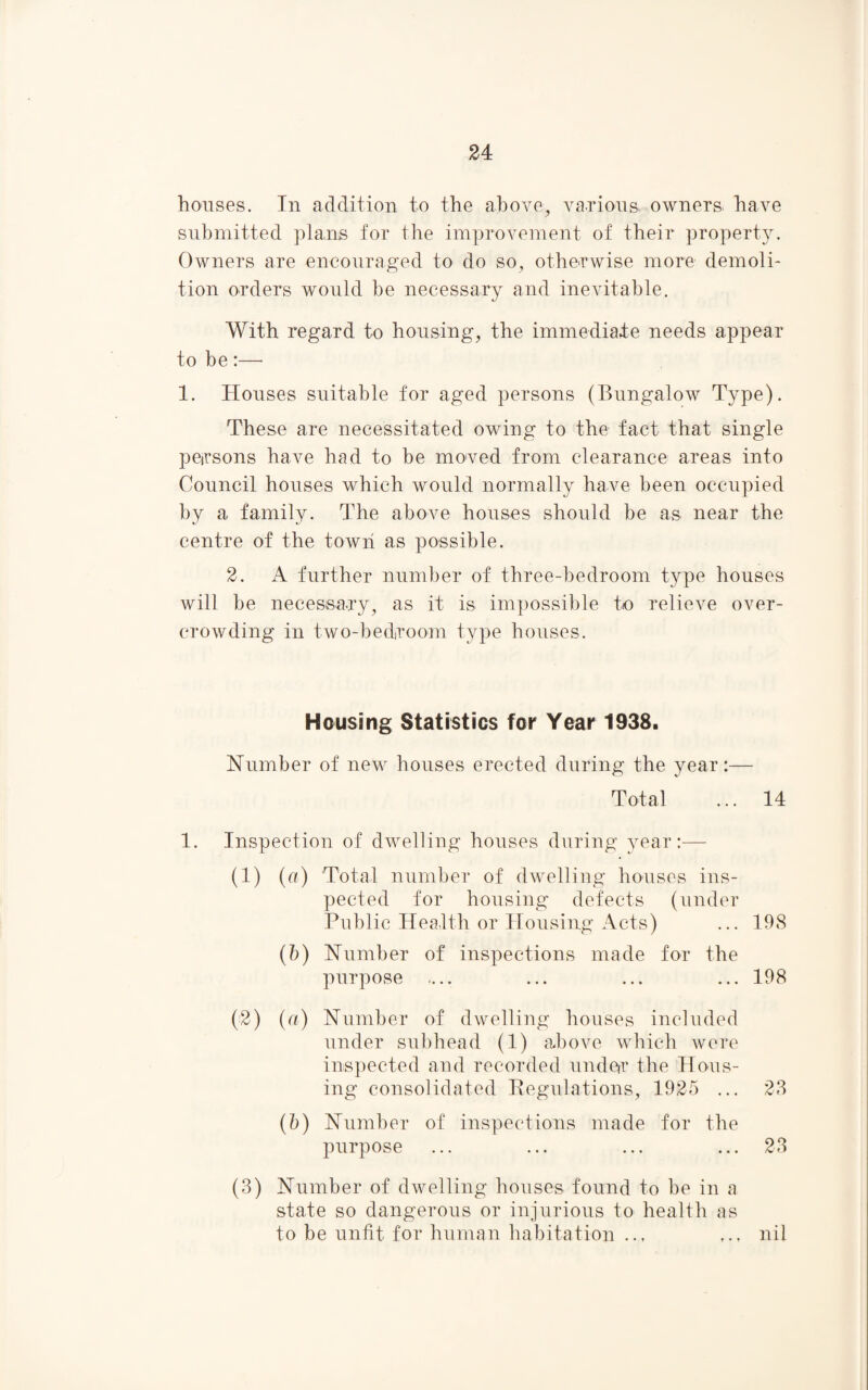 houses. In addition to the above, various. owners. have submitted plans for the improvement of their property. Owners are encouraged to do so, otherwise more demoli¬ tion orders would he necessary and inevitable. With regard to housing, the immediate needs appear to be :—• 1. Houses suitable for aged persons (Bungalow Type). These are necessitated owing to the fact that single persons have had to be moved from clearance areas into Council houses which would normally have been occupied by a family. The above houses should be as near the centre of the town as possible. 2. A further number of three-bedroom type houses will be necessary, as it is impossible to relieve over¬ crowding in two-bedroom type houses. Housing Statistics for Year 1938. Number of new houses erected during the year:— Total ... 14 1. Inspection of dwelling houses during year:— (1) (a) Total number of dwelling houses ins¬ pected for housing defects (under Public Health or Housing Acts) ... 198 (b) Number of inspections made for the purpose .... ... ... ... 198 (2) (a) Number of dwelling houses included under subhead (1) a-bove which were inspected and recorded under the Hous¬ ing consolidated Regulations, 1925 ... 23 (b) Number of inspections made for the purpose ... ... ... ... 23 (3) Number of dwelling houses found to be in a state so dangerous or injurious to health as to be unlit for human habitation ... ... nil