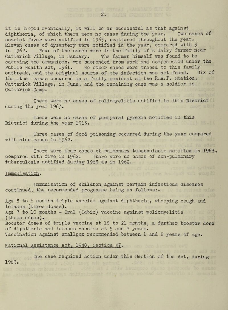 it is hoped eventually, it will he as successful as that against diphtheria, of which there were no cases during the year. Two cases of scarlet fever were notified in 1963? scattered throughout the year. Eleven cases of dysentery were notified in the year, compared with 9 in 1962. Four of the cases were in the family of a dairy farmer near Catterick Village, in January. The farmer himself was found to he carrying the organisms, was suspended from work and compensated under the Public Health Act, 1961. Ho other cases were traced to this family outbreak, and the original source of the infection was not found. Six of the other cases occurred in a family resident at the R.A.F. Station, Catterick Village, in June, and the remaining case was a soldier in Catterick Camp. There were no cases of poliomyelitis notified in this District during the year 1963* There were no cases of puerperal pyrexia notified in this District during the year 1963* Three cases of food poisoning occurred during the year compared with nine cases in 1962. There were four cases of pulmonary tuberculosis notified in 1963, compared with five in 1962. There were no cases of non-pulmonary tuberculosis notified during 1963 as in 1962. Immunisation. Immunisation of children against certain infectious diseases continued, the recommended programme being as follows?- Age 3 to 6 months triple vaccine against diphtheria, whooping cough and tetanus (three doses). Age 7 1° 10 months - Oral (Sabin) vaccine against poliomyelitis (three doses). Booster doses of triple vaccine at 18 to 21 months, a further booster dose of diphtheria and tetanus vaccine at 5 and 8 years. Vaccination against smallpox recommended between 1 and 2 years of age. National Assistance Act, 1948, Section 47. 1965 One case required action under this Section of the Act, during