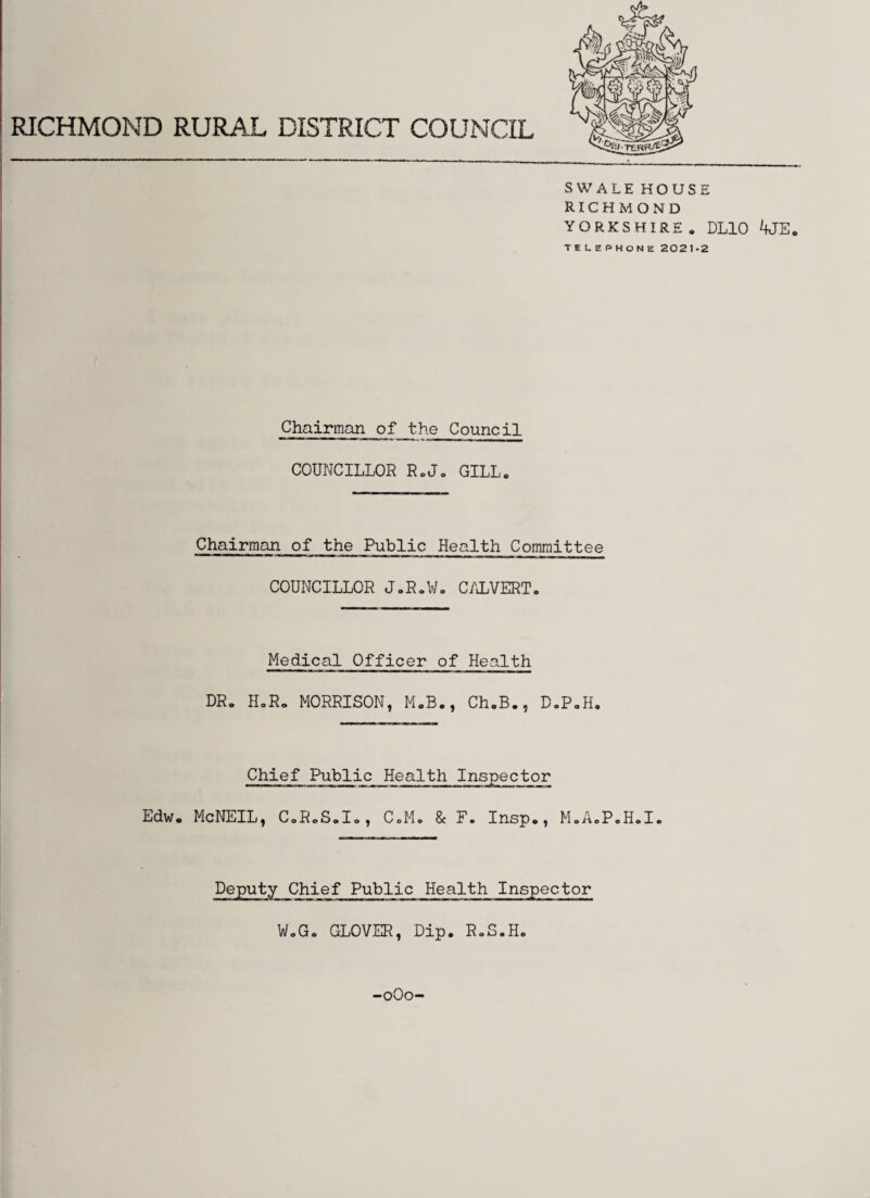 SWALEHOUSE RICHMOND YORKSHIRE . DL10 *UE„ telephone 2021-2 Chairman of the Council COUNCILLOR R.J. GILL. Chairman of the Public Health Committee COUNCILLOR JoRoWo CALVERT. Medical Officer of Health DR. HoRo MORRISON, M.B., Ch.B., D.P.H. Chief Public Health Inspector Edw. McNEIL, C.R.S.I., C.M. & F. Insp., M.A.P.H.I. Deputy Chief Public Health Inspector W.G. GLOVER, Dip. R.S.H. -0O0