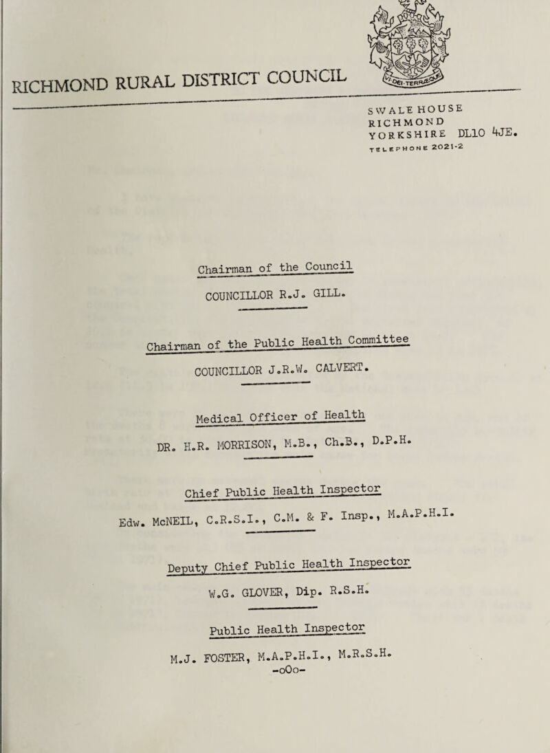 SWALE HOUSE RICHMOND YORKSHIRE DL10 4JE• tslephohe 2021*2 Chairman of the Council COUNCILLOR R.J. GILL. ™»r, nf the Public Health Committee COUNCILLOR J.RoWo CALVERT. Medical Officer of Health DR. H.R. MORRISON, M.B., Ch.3., D.P.H. Chief Public Health Inspector Edw. McNEIL, C.R.S.I., C.M. & F. Insp., M.A.P.H.I Deputy Chief Public Health Inspector W.G. GLOVER, Dip. R.S.H. Public Health Inspector M.J. FOSTER, M.A.P.H.I., M.R.S.H. -0O0-