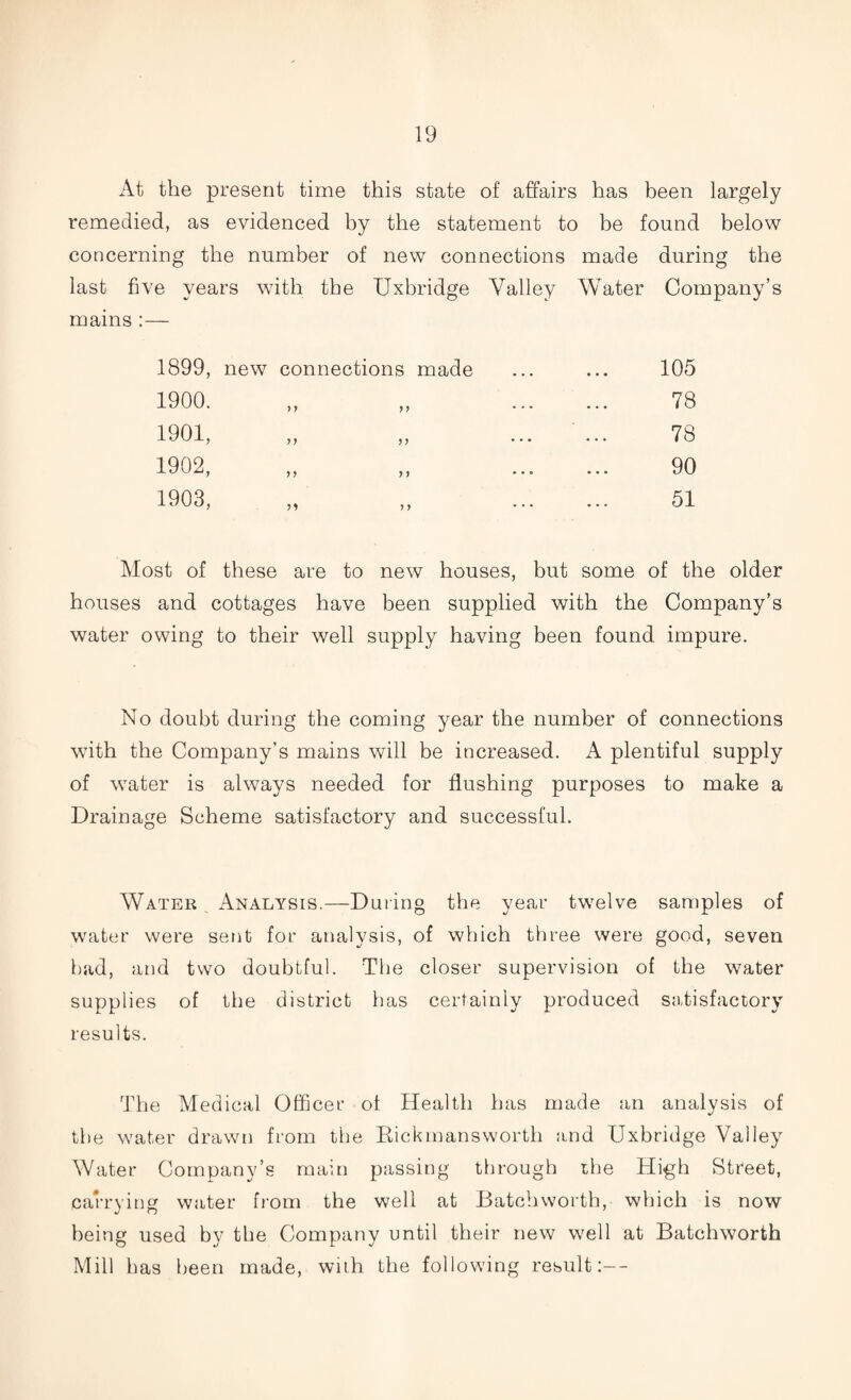 At the present time this state of affairs has been largely remedied, as evidenced by the statement to be found below concerning the number of new connections made during the last five years with the Uxbridge Valley Water Company’s mains :— 1899, new connections m ade 105 1900. y y yy • . • 78 1901, yy yy ... 78 1902, yy yy . . . 90 1903, y 5 yy 51 Most of these are to new houses, but some of the houses and cottages have been supplied with the Company’s water owing to their well supply having been found impure. No doubt during the coming year the number of connections w7ith the Company’s mains will be increased. A plentiful supply of water is always needed for flushing purposes to make a Drainage Scheme satisfactory and successful. Water Analysis.—During the year twelve samples of water were sent for analysis, of which three were good, seven bad, and two doubtful. The closer supervision of the water supplies of the district has certainly produced satisfactory results. The Medical Officer ol Health has made an analysis of the water drawn from the Rickmans worth and Uxbridge Valley Water Company’s main passing through the High Street, carrying water from the well at Batchworth, which is now being used by the Company until their new well at Batchworth Mill has been made, with the following result:—