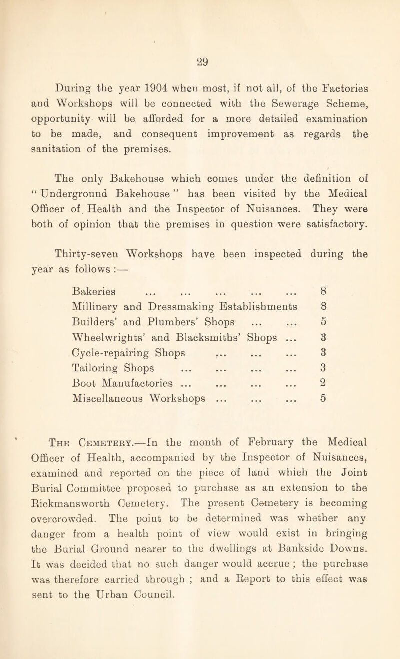 During the year 1904 when most, if not all, of the Factories and Workshops will be connected with the Sewerage Scheme, opportunity will be afforded for a more detailed examination to be made, and consequent improvement as regards the sanitation of the premises. / The only Bakehouse which comes under the definition of “ Underground Bakehouse ” has been visited by the Medical Officer of. Health and the Inspector of Nuisances. They were both of opinion that the premises in question were satisfactory. Thirty-seven Workshops have been inspected during the year as follows :— Bakeries ... ... ... ... ... 8 Millinery and Dressmaking Establishments 8 Builders’ and Plumbers’ Shops ... ... 5 Wheelwrights’ and Blacksmiths’ Shops ... 3 Cycle-repairing Shops r.. ... ... 3 Tailoring Shops ... ... ... ... 3 Boot Manufactories ... ... ... ... 2 Miscellaneous Workshops ... ... ... 5 The Cemetery.—In the month of February the Medical Officer of Health, accompanied by the Inspector of Nuisances, examined and reported on the piece of land which the Joint Burial Committee proposed to purchase as an extension to the Rickmansworth Cemetery. The present Ce-metery is becoming overcrowded. The point to be determined was whether any danger from a health point of view would exist in bringing the Burial Ground nearer to the dwellings at Bankside Downs. It was decided that no such danger would accrue ; the purchase was therefore carried through ; and a Report to this effect was sent to the Urban Council.
