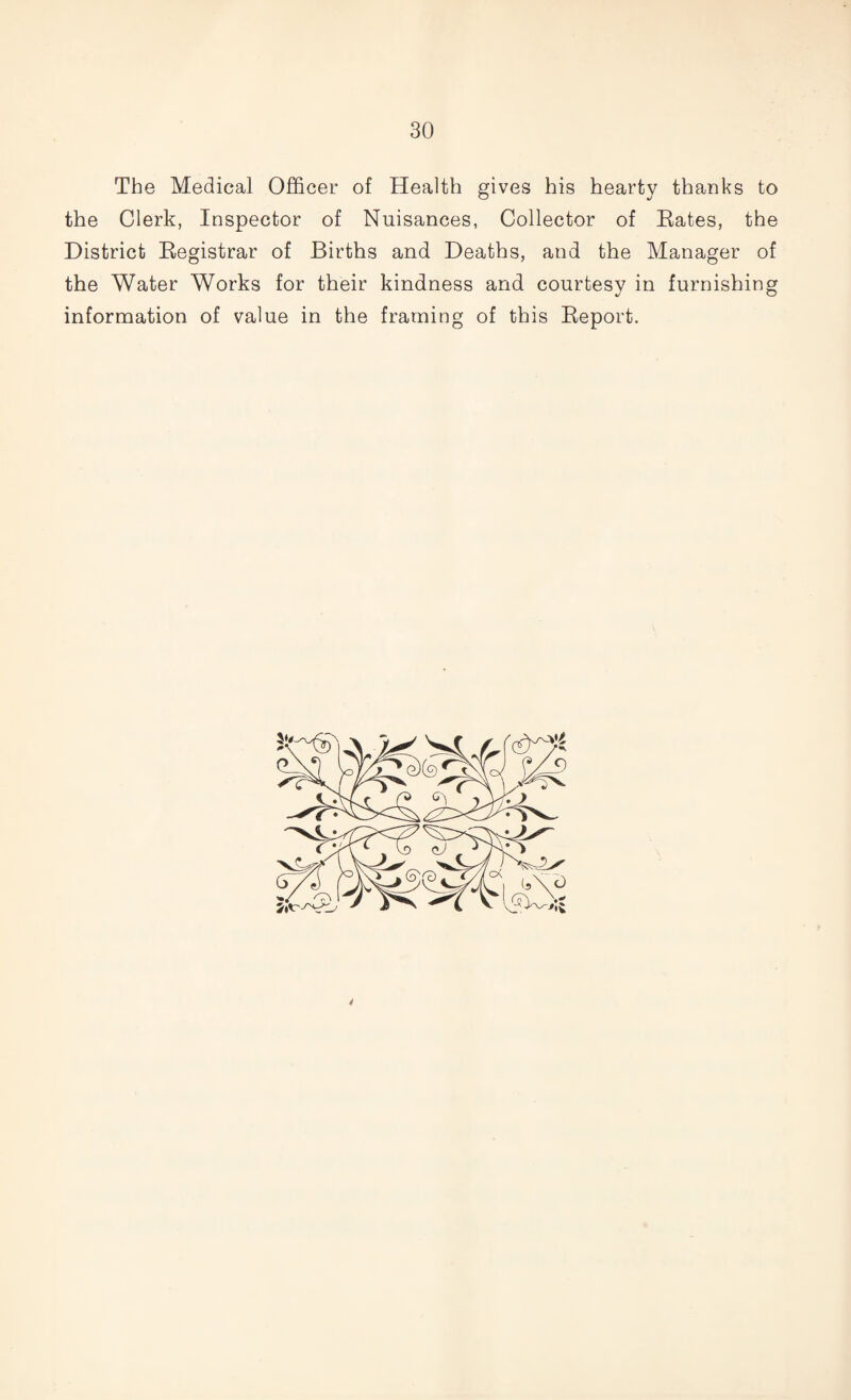 The Medical Officer of Health gives his hearty thanks to the Clerk, Inspector of Nuisances, Collector of Rates, the District Registrar of Births and Deaths, and the Manager of the Water Works for their kindness and courtesy in furnishing *j O information of value in the framing of this Report. 4